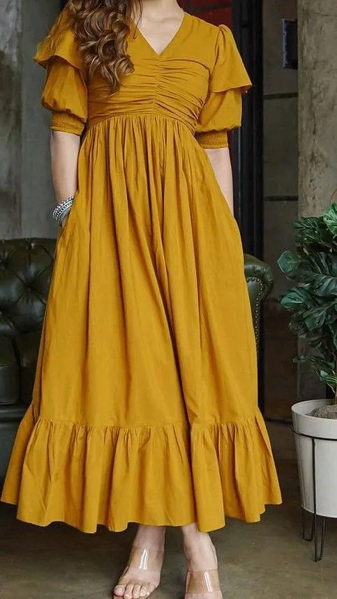 Mustard Yellow Ruched Cotton Maxi Dress with Flutter Sleeves | Indo-Western Long Frock