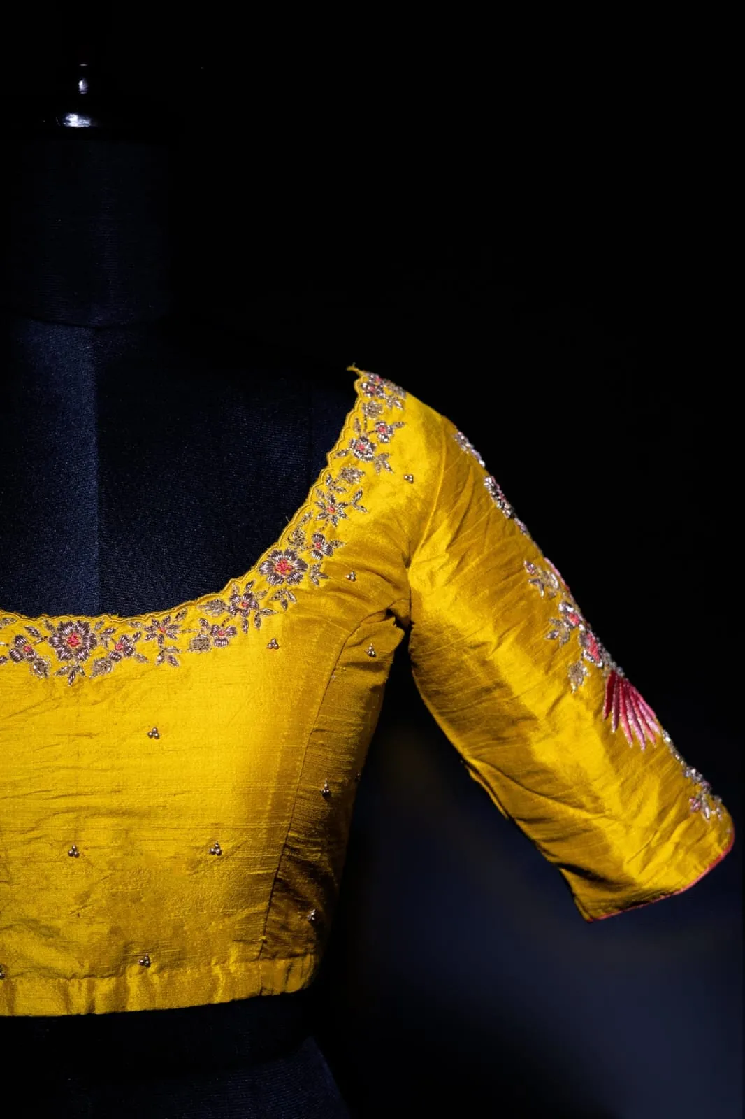 Mustard Yellow Silk Blouse | Designer Bird Motif Maggam Work Saree Blouse