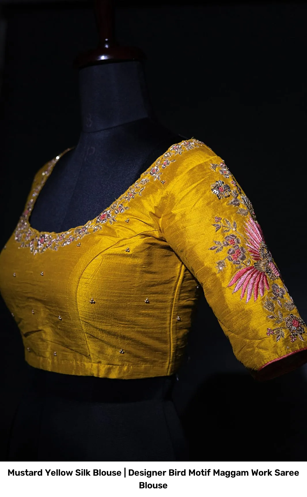 Mustard Yellow Silk Blouse | Designer Bird Motif Maggam Work Saree Blouse 2