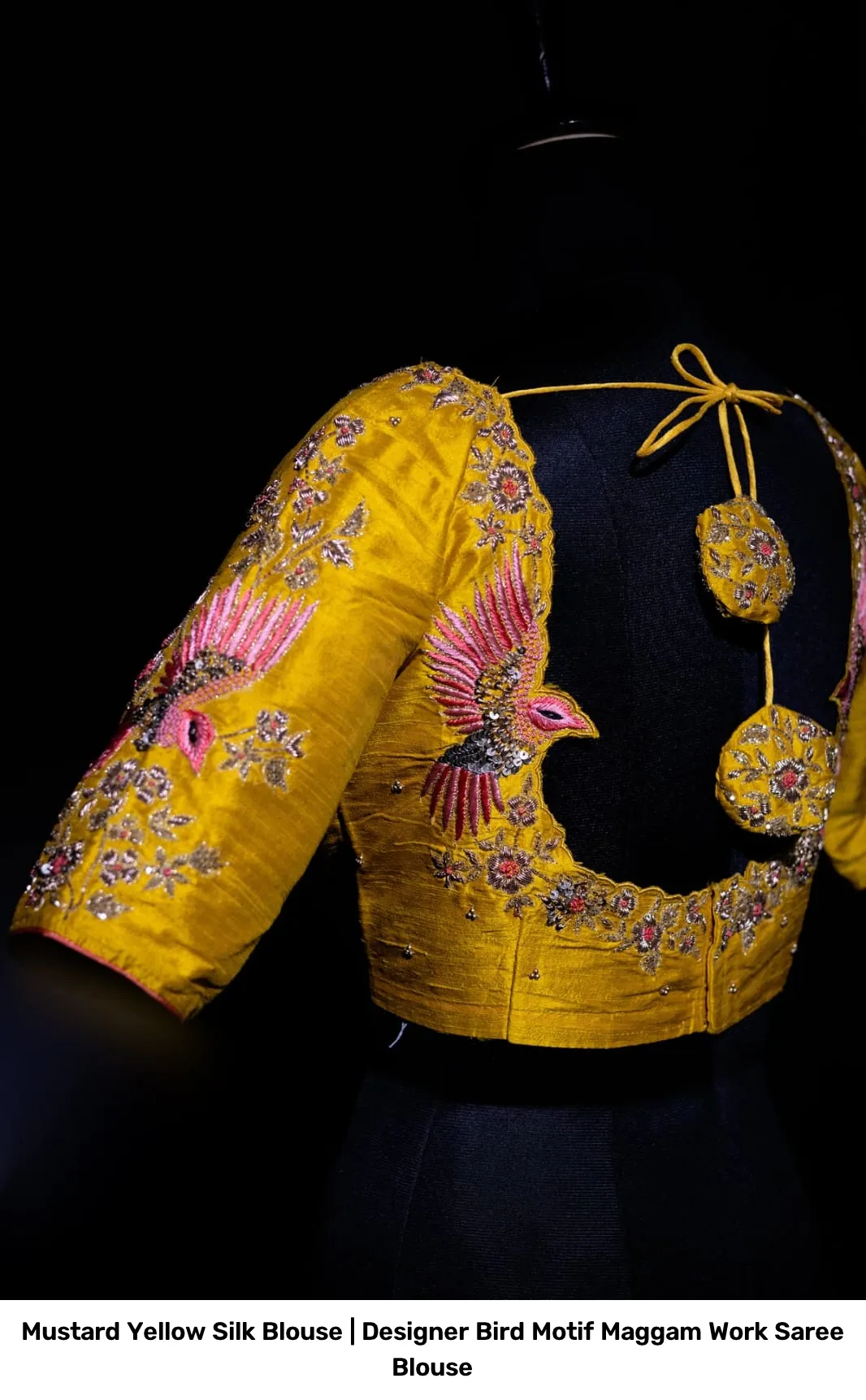 Mustard Yellow Silk Blouse | Designer Bird Motif Maggam Work Saree Blouse 4