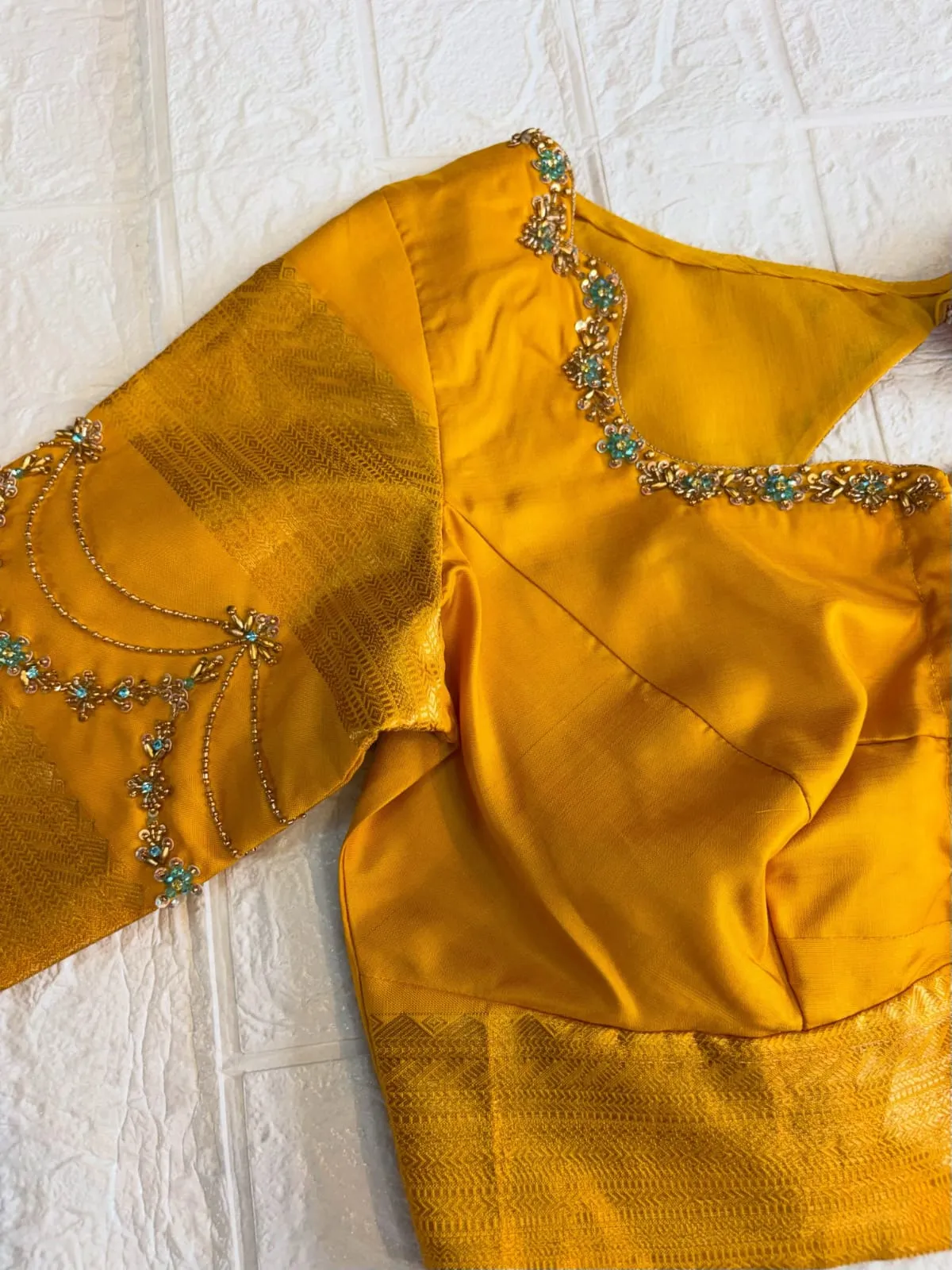 Mustard Yellow Silk Saree Blouse, Handcrafted Turquoise Beadwork Sleeve Maggam Blouse, Keyhole Back Haldi Wedding Choli, Ethnic Ready to Wear Top