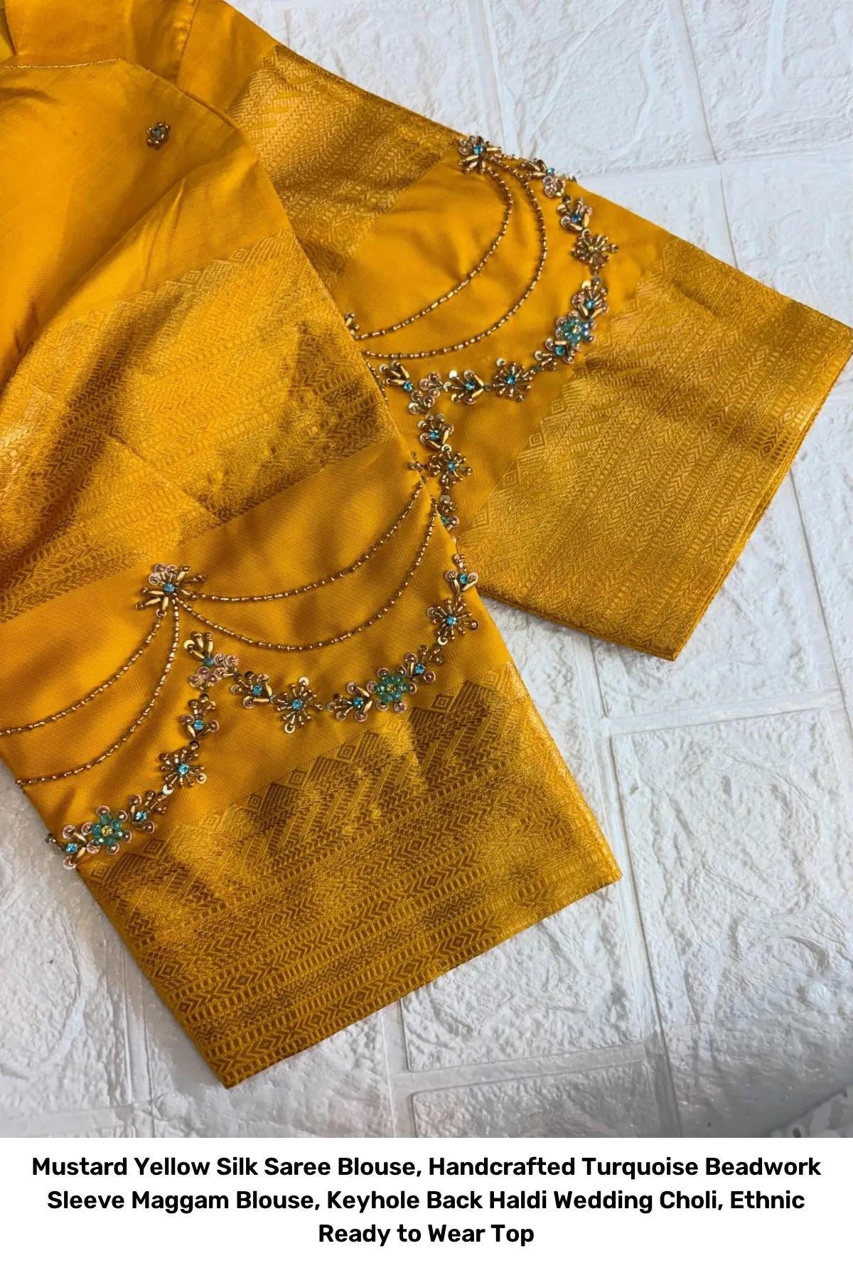 Mustard Yellow Silk Saree Blouse, Handcrafted Turquoise Beadwork Sleeve Maggam Blouse, Keyhole Back Haldi Wedding Choli, Ethnic Ready to Wear Top 2
