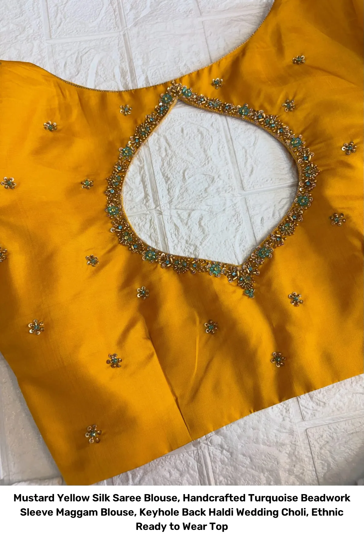 Mustard Yellow Silk Saree Blouse, Handcrafted Turquoise Beadwork Sleeve Maggam Blouse, Keyhole Back Haldi Wedding Choli, Ethnic Ready to Wear Top 3