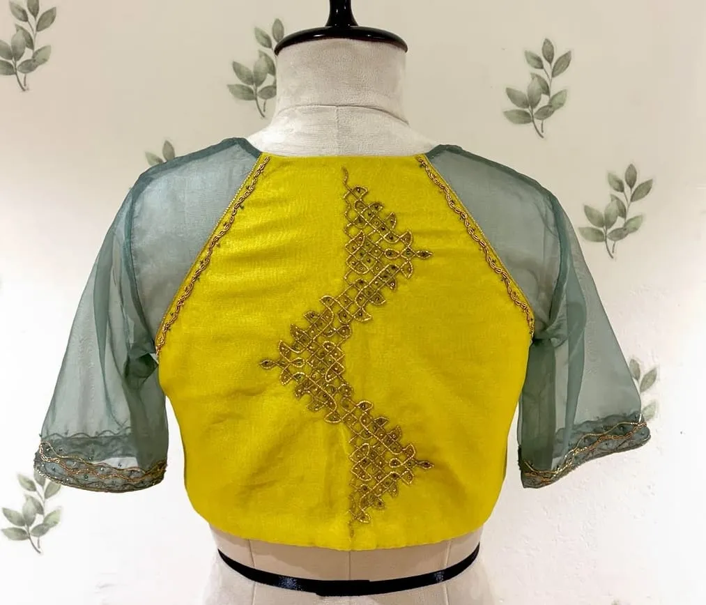 Mustard Yellow & Teal Sheer Sleeve Designer Blouse | Handcrafted Maggam Work Saree Blouse