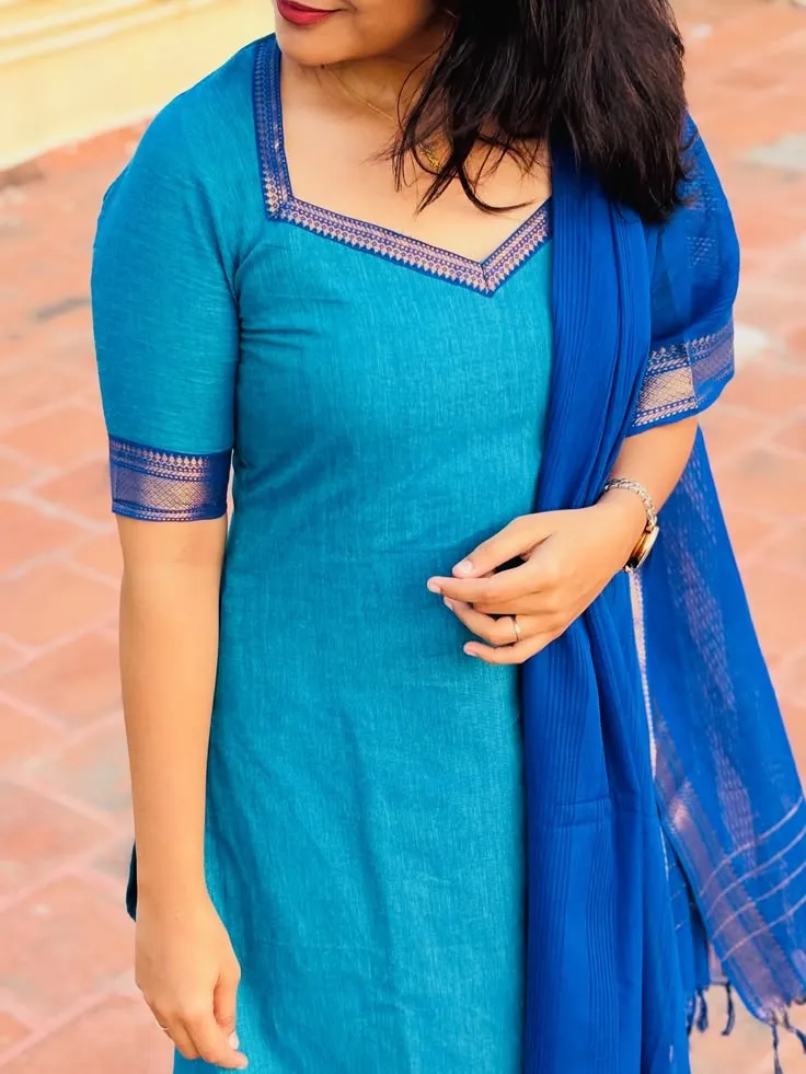 Narayanpet Handloom Cotton 3 Pc Set – Sweetheart Neck Teal Blue Kurti with Contrast Border Dupatta & Pants