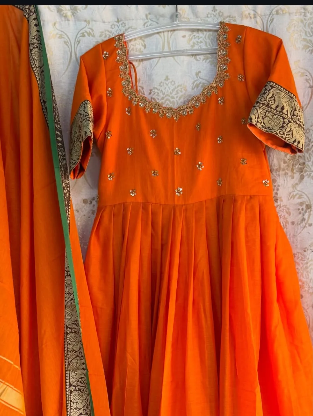 Narayanpet Silk Cotton 3 Pc Set – Mirror Work Neck Orange Anarkali with Elephant Border Dupatta