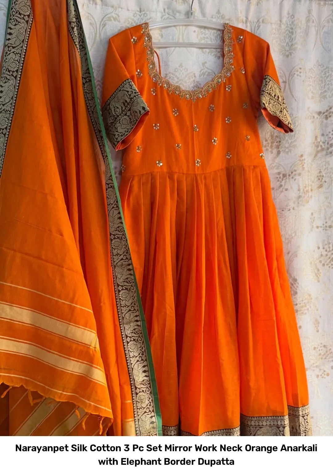 Narayanpet Silk Cotton 3 Pc Set – Mirror Work Neck Orange Anarkali with Elephant Border Dupatta 2