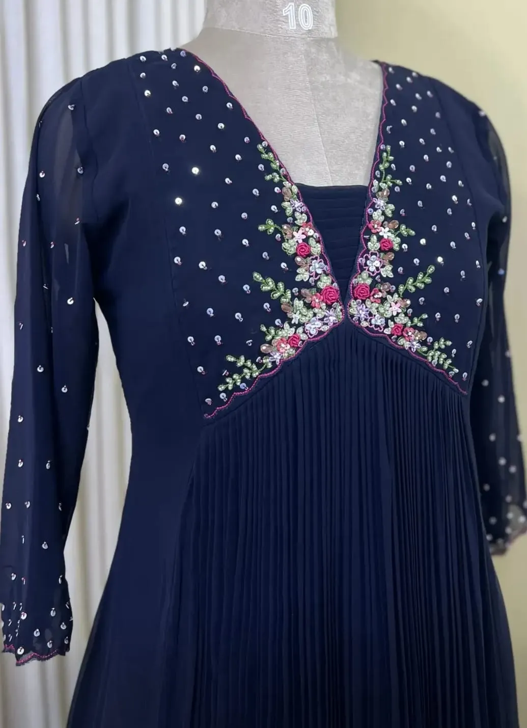 Navy Blue Georgette Pleated Long Frock with Sequin Work | Ethnic Wear