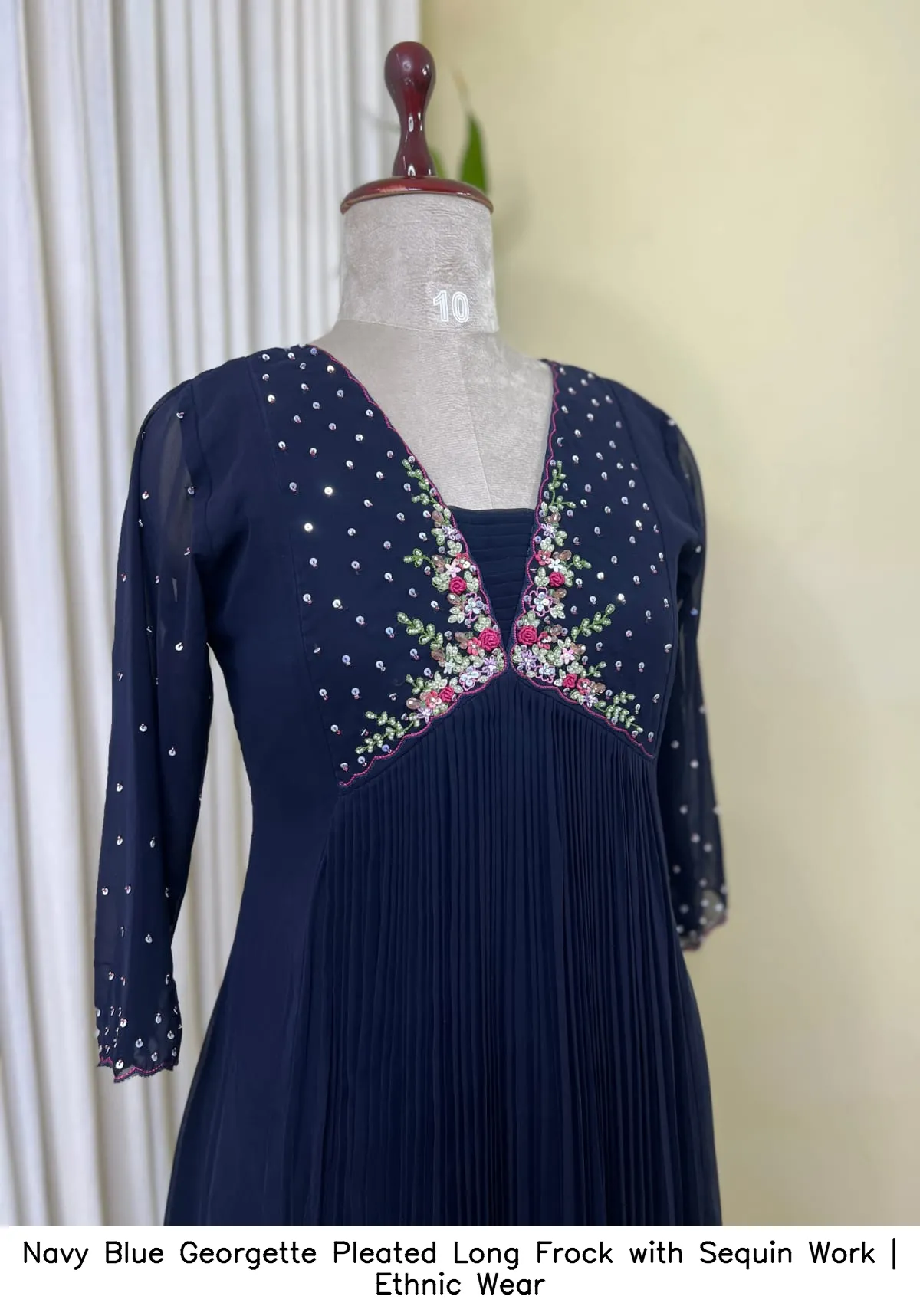 Navy Blue Georgette Pleated Long Frock with Sequin Work | Ethnic Wear 2