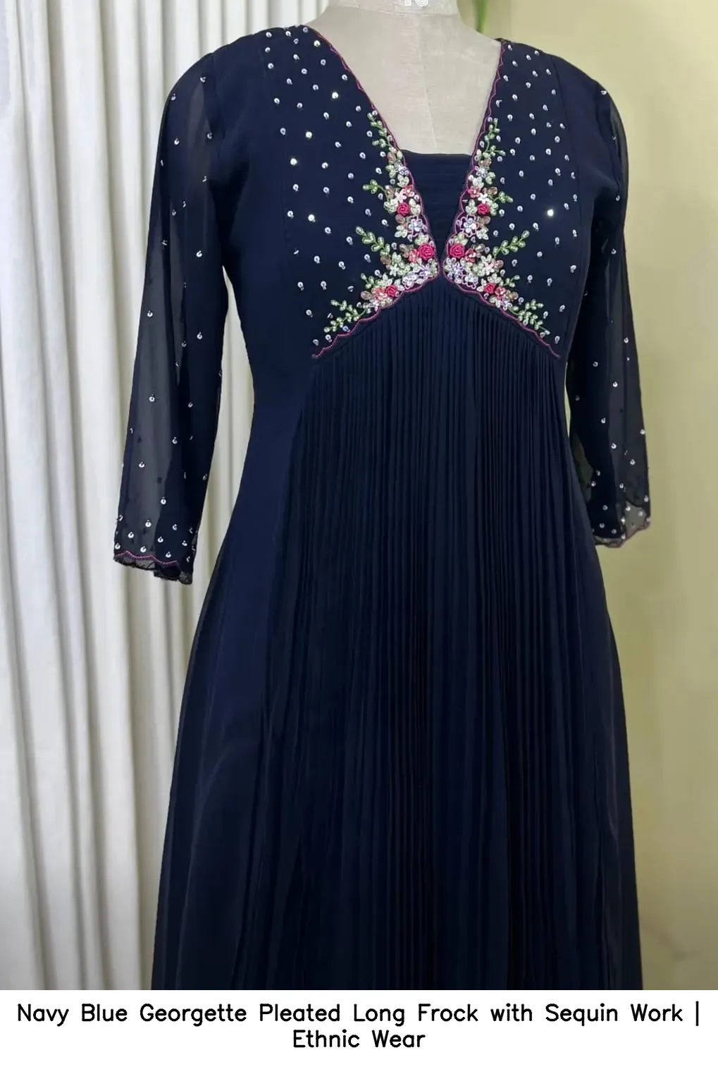 Navy Blue Georgette Pleated Long Frock with Sequin Work | Ethnic Wear 3