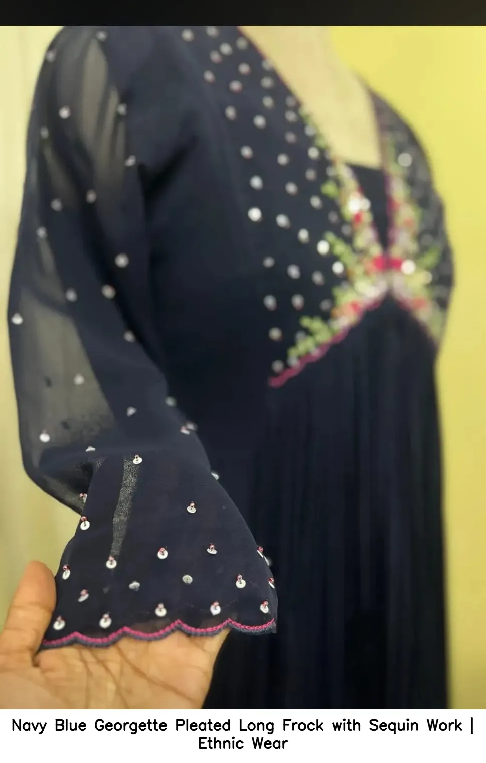 Navy Blue Georgette Pleated Long Frock with Sequin Work | Ethnic Wear 4