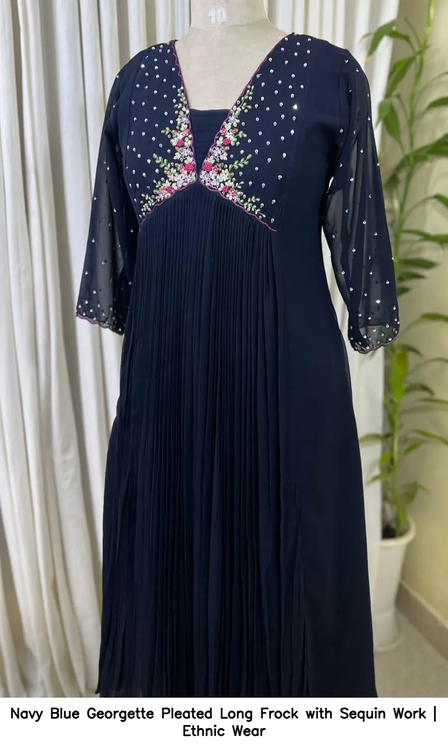 Navy Blue Georgette Pleated Long Frock with Sequin Work | Ethnic Wear 5