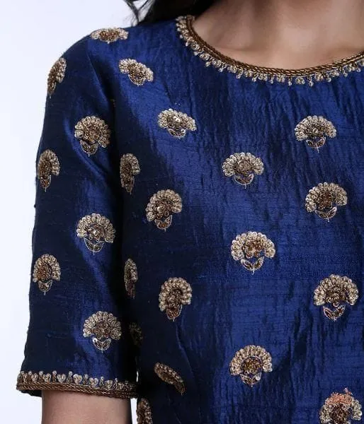 Navy Blue Raw Silk Blouse - Antique Gold Zardozi Floral Buti Embroidered Saree Blouse 1