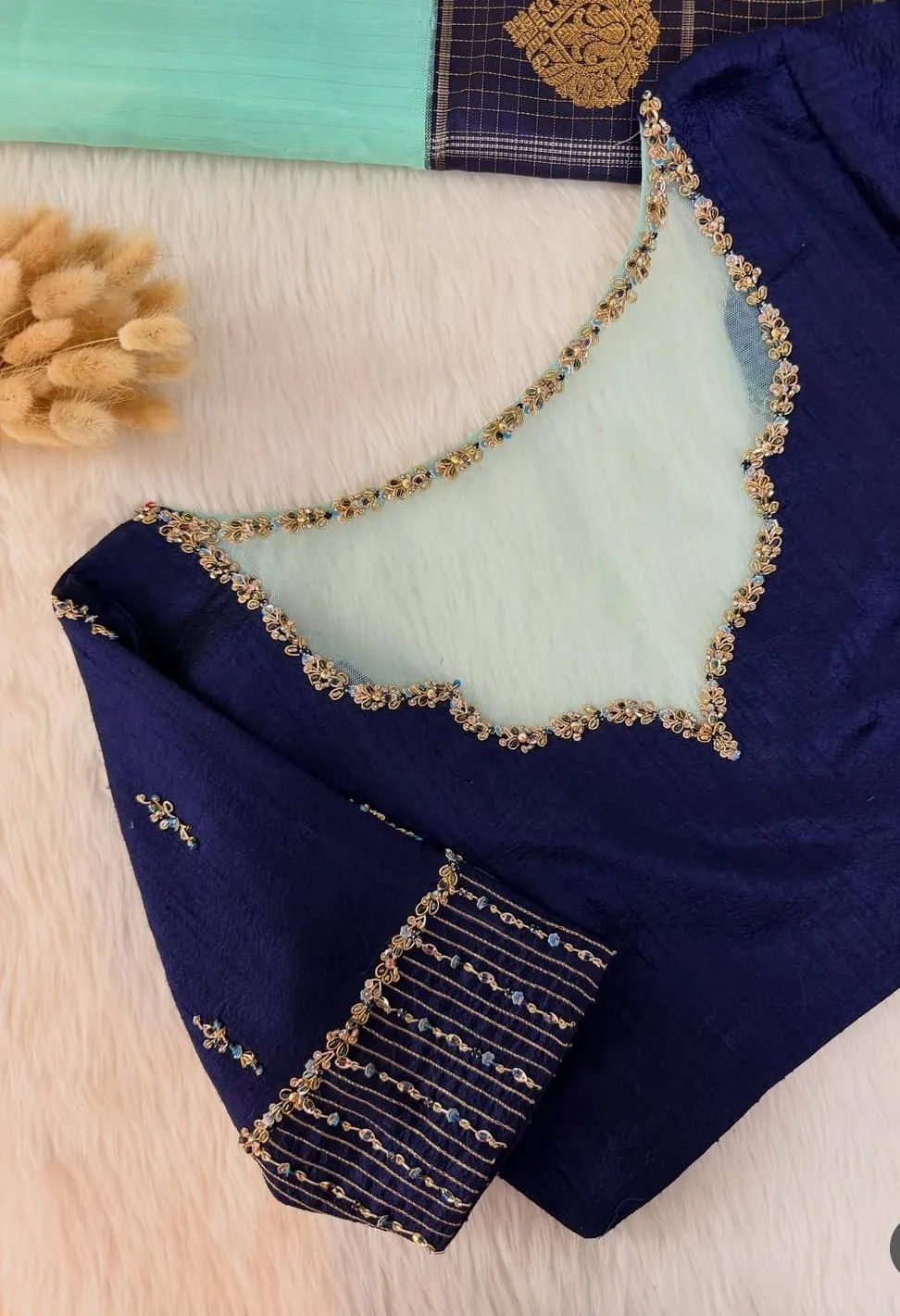 Navy Blue Raw Silk Blouse with Sheer Illusion Net Neckline & Hand Embroidered Zardozi Work
