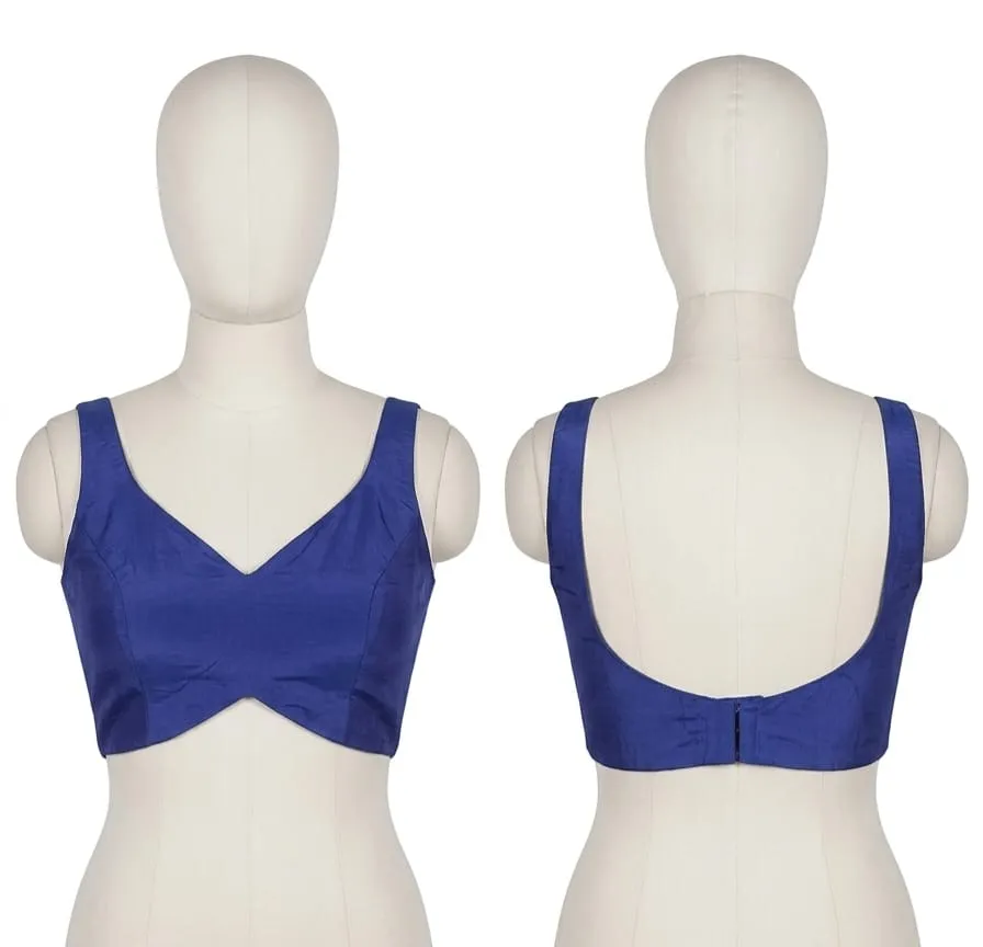 Navy Blue Raw Silk Sleeveless Blouse | V-Neck Curved Waistline Choli for Saree & Lehenga