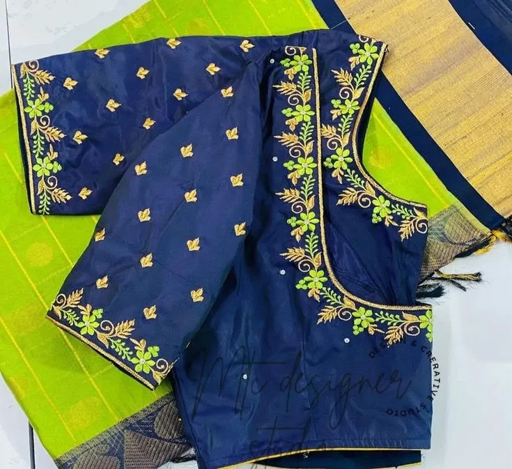 Navy Blue Silk Blouse with Gold & Green Floral Embroidery | Front Open Jacket Style Designer Blouse | Wedding Saree Blouse