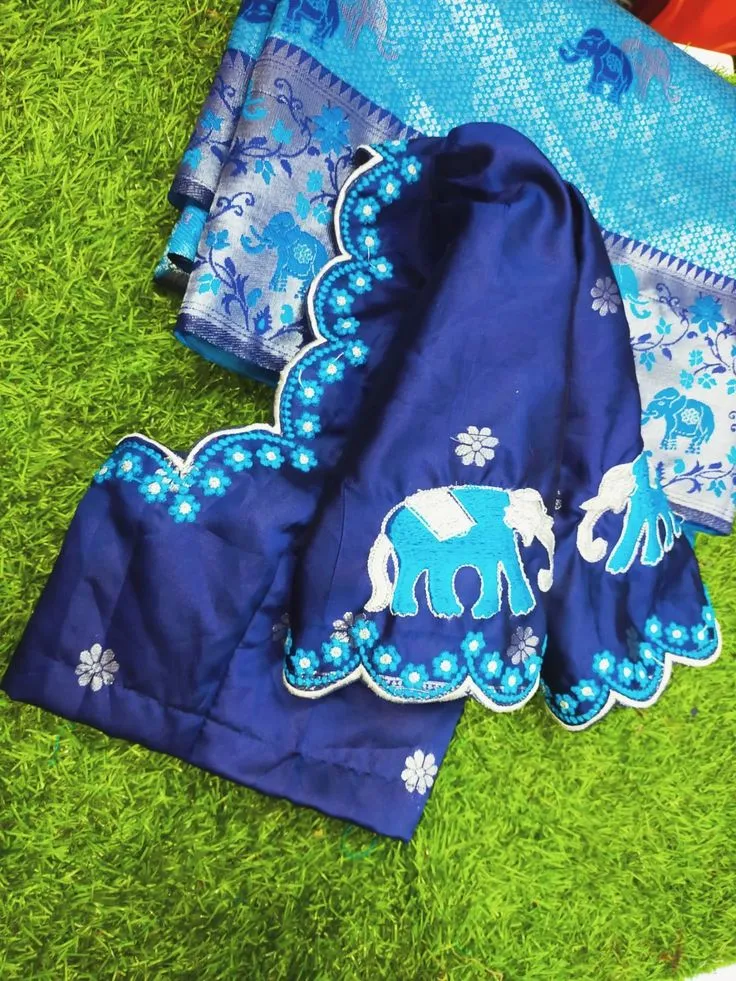 Navy Blue Silk Saree with Elephant Embroidery Blouse | Designer Scalloped Border | Bridal Wedding Party Wear | Free Size Stitched Blouse