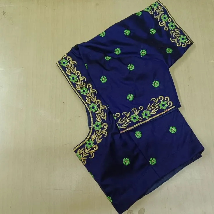 Navy Blue Simple Computer Work Blouse | Green & Gold Floral Machine Embroidery Readymade Silk Saree Blouse 1