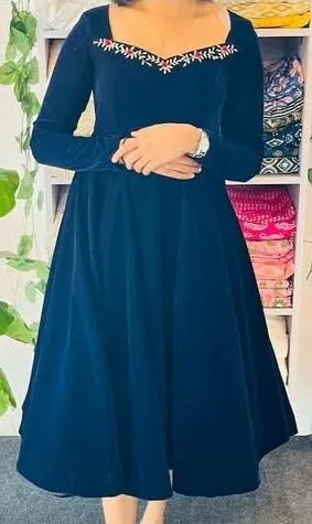 Navy Blue Velvet Midi Dress – Hand Embroidered A-Line Gown 1