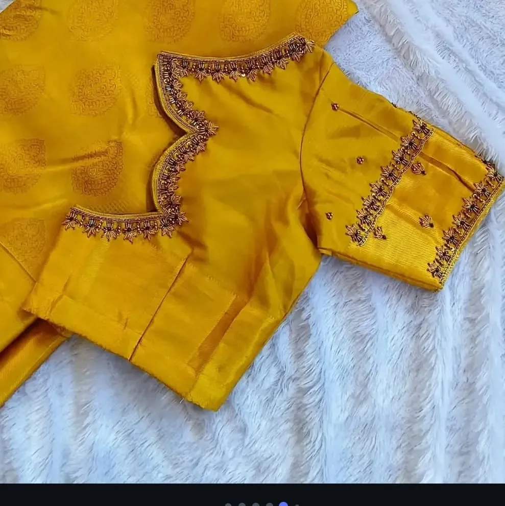 Neck Yellow Silk Saree Blouse | Custom Hand Embroidered Bridal Blouse Online
