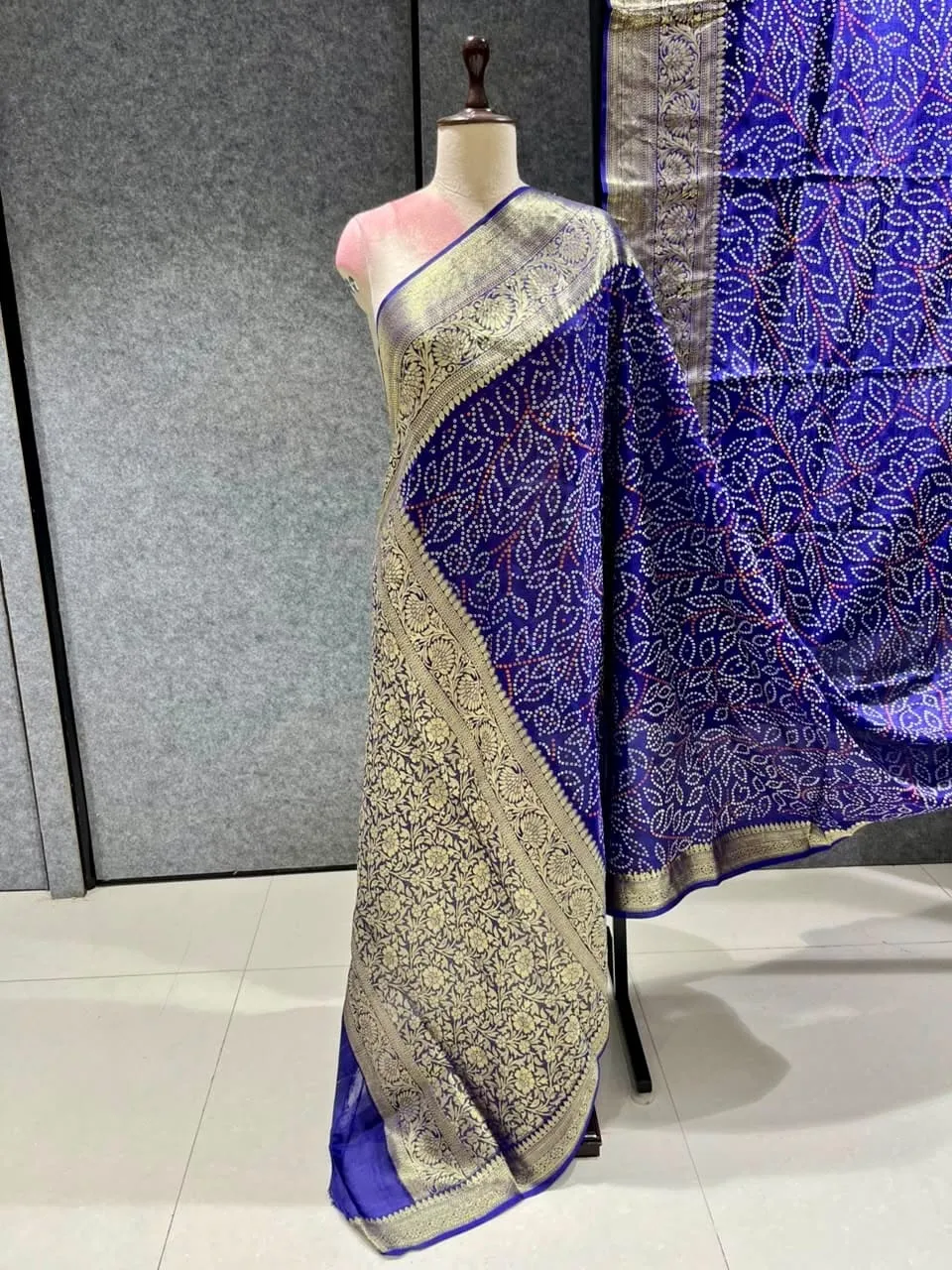 New Kanjivaram Bandhani Cotton Silk Saree | Hand-Dyed Jaal Bandhej Saree with Rich Zari Pallu & Running Blouse