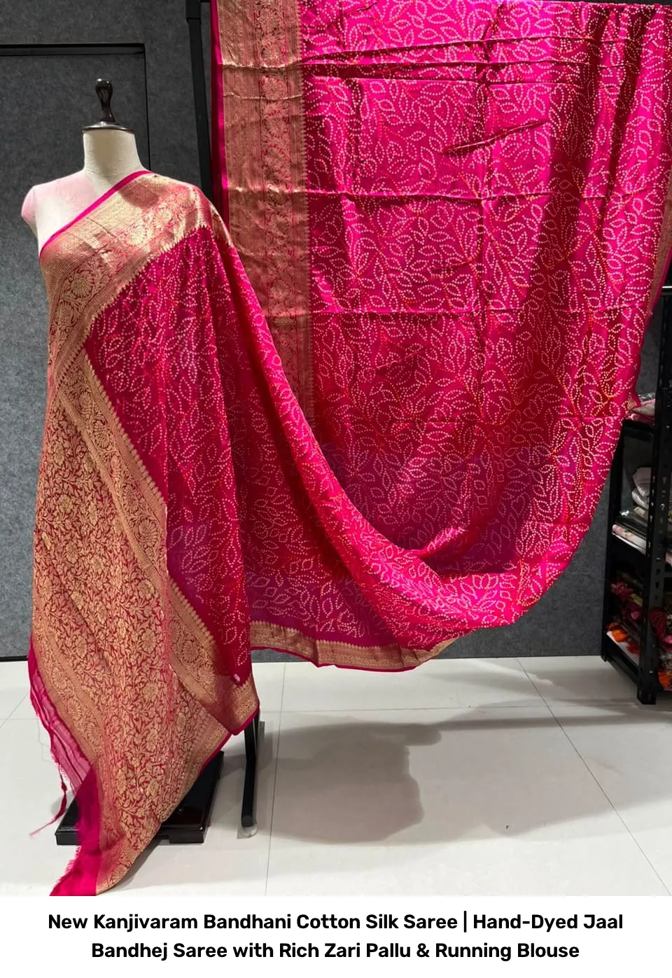 New Kanjivaram Bandhani Cotton Silk Saree | Hand-Dyed Jaal Bandhej Saree with Rich Zari Pallu & Running Blouse 12