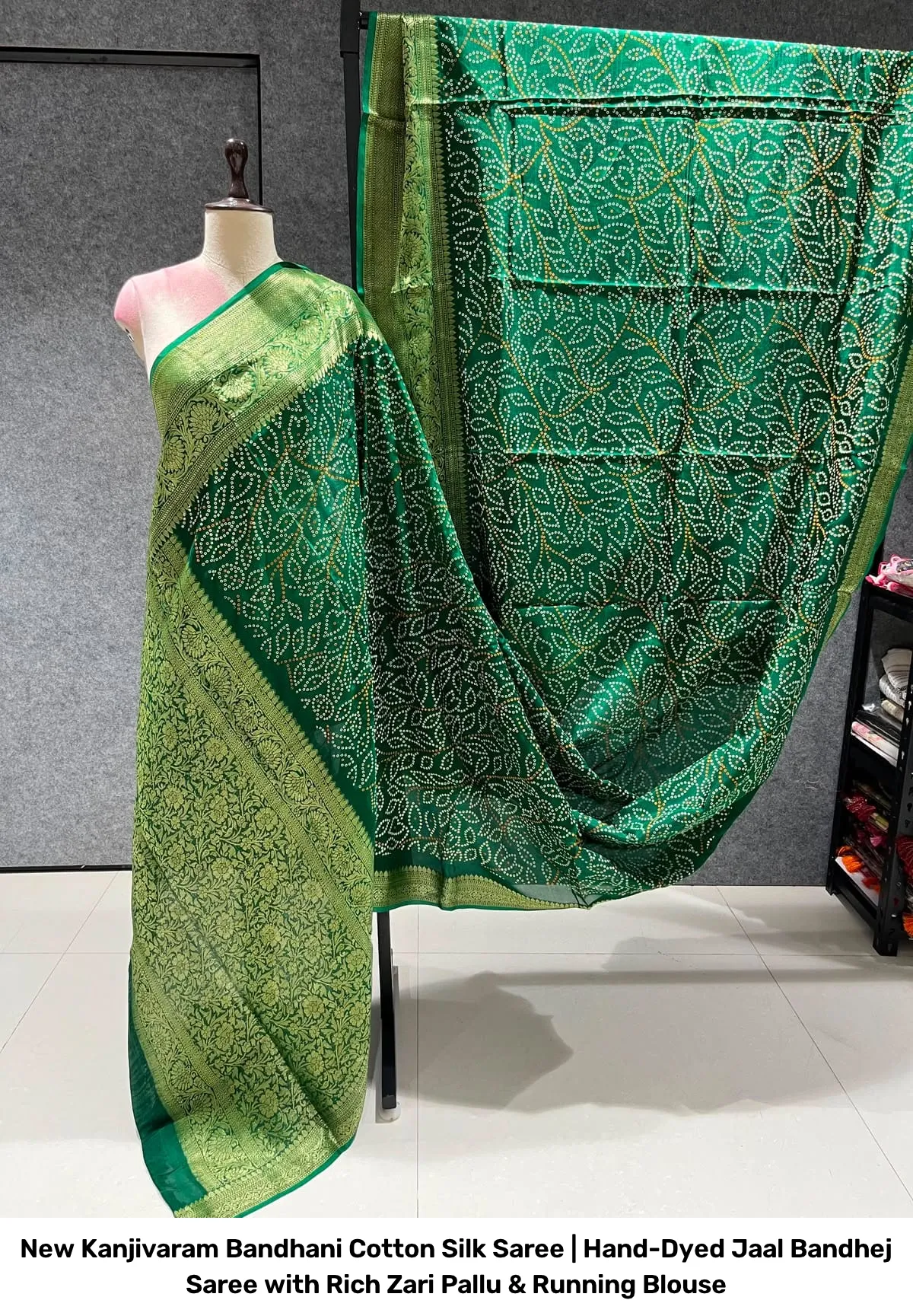 New Kanjivaram Bandhani Cotton Silk Saree | Hand-Dyed Jaal Bandhej Saree with Rich Zari Pallu & Running Blouse 13