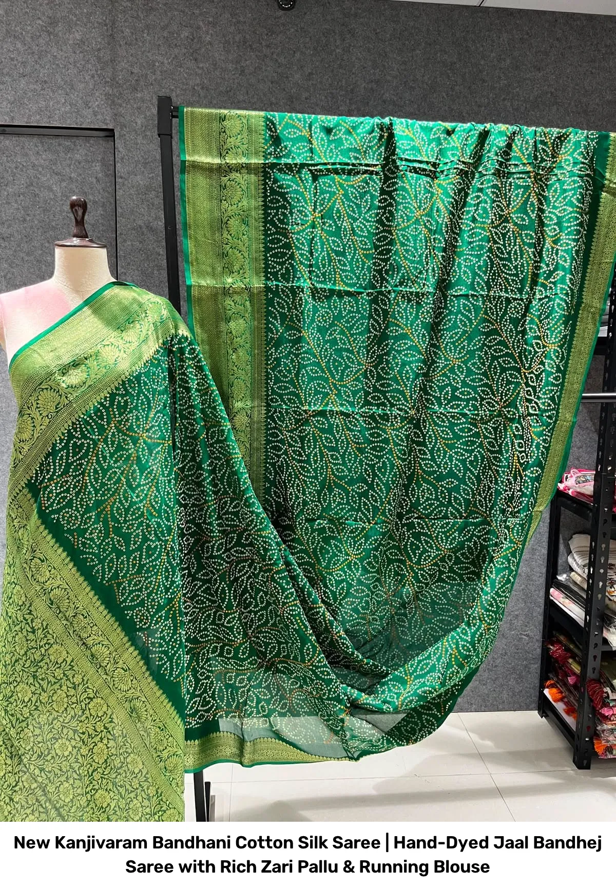 New Kanjivaram Bandhani Cotton Silk Saree | Hand-Dyed Jaal Bandhej Saree with Rich Zari Pallu & Running Blouse 14