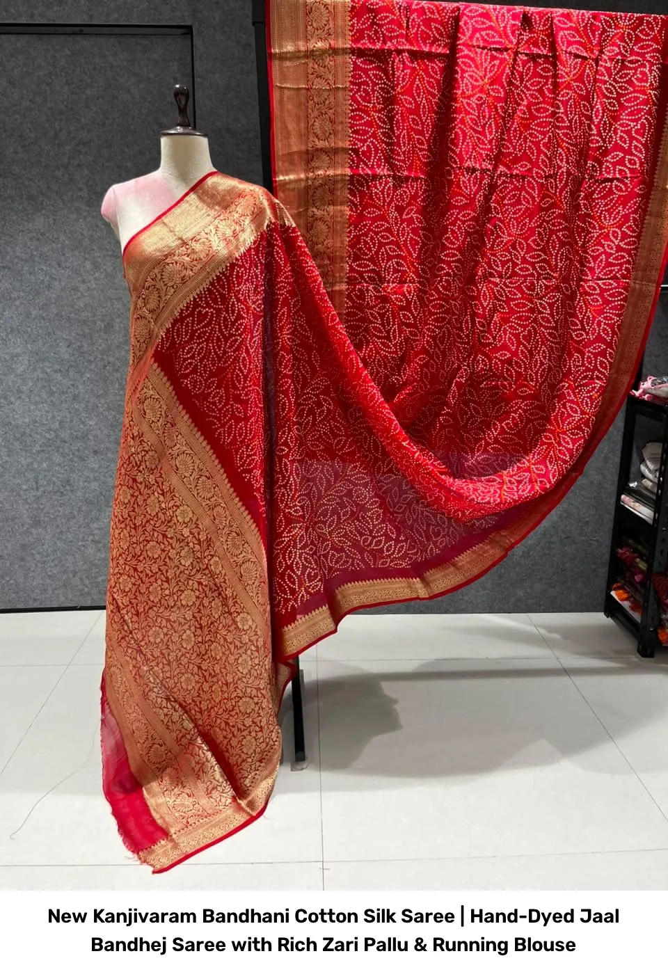 New Kanjivaram Bandhani Cotton Silk Saree | Hand-Dyed Jaal Bandhej Saree with Rich Zari Pallu & Running Blouse 15