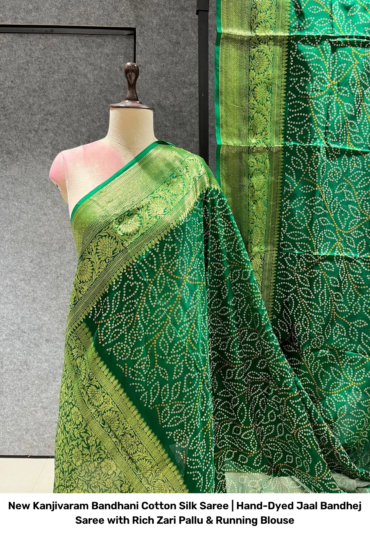 New Kanjivaram Bandhani Cotton Silk Saree | Hand-Dyed Jaal Bandhej Saree with Rich Zari Pallu & Running Blouse 16