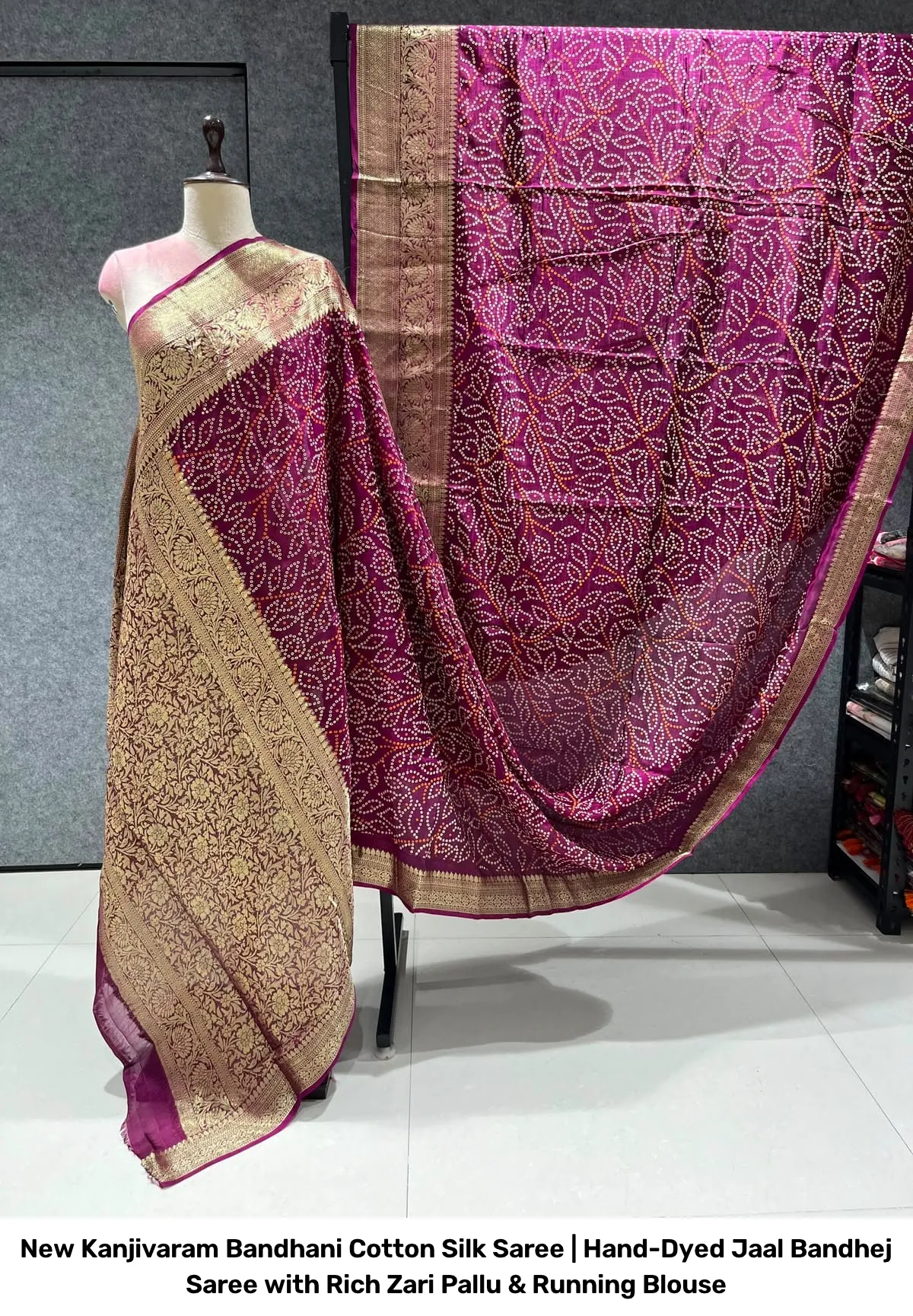 New Kanjivaram Bandhani Cotton Silk Saree | Hand-Dyed Jaal Bandhej Saree with Rich Zari Pallu & Running Blouse 17