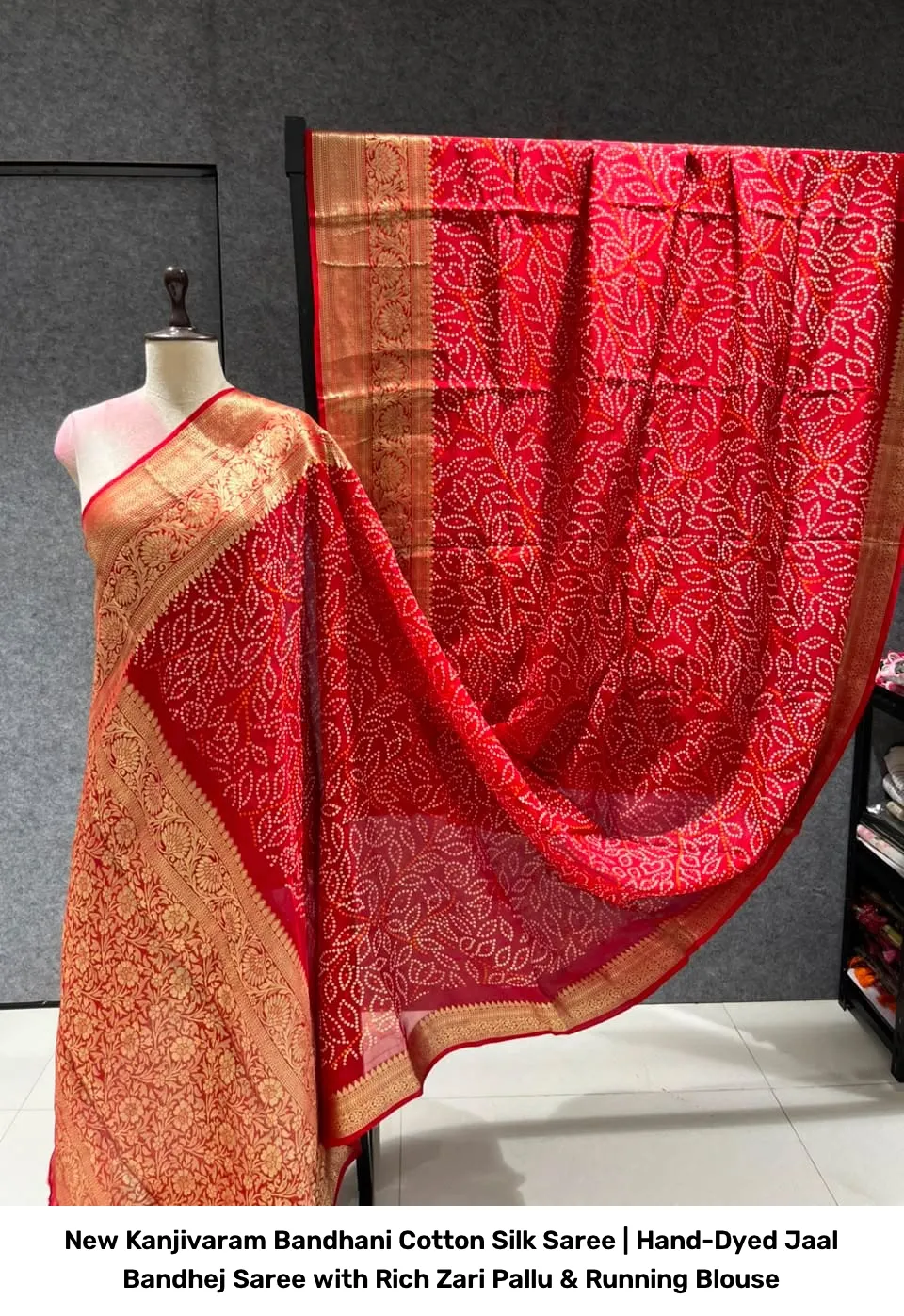 New Kanjivaram Bandhani Cotton Silk Saree | Hand-Dyed Jaal Bandhej Saree with Rich Zari Pallu & Running Blouse 3