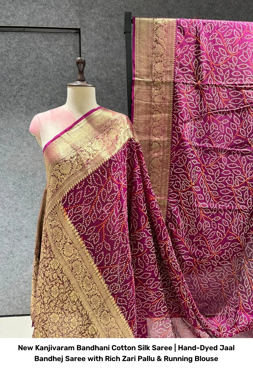 New Kanjivaram Bandhani Cotton Silk Saree | Hand-Dyed Jaal Bandhej Saree with Rich Zari Pallu & Running Blouse 4