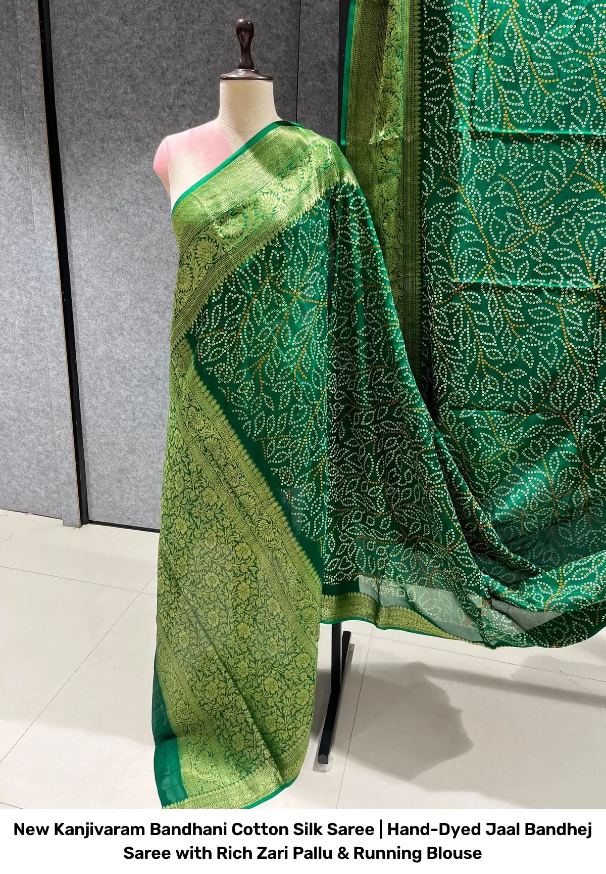 New Kanjivaram Bandhani Cotton Silk Saree | Hand-Dyed Jaal Bandhej Saree with Rich Zari Pallu & Running Blouse 5