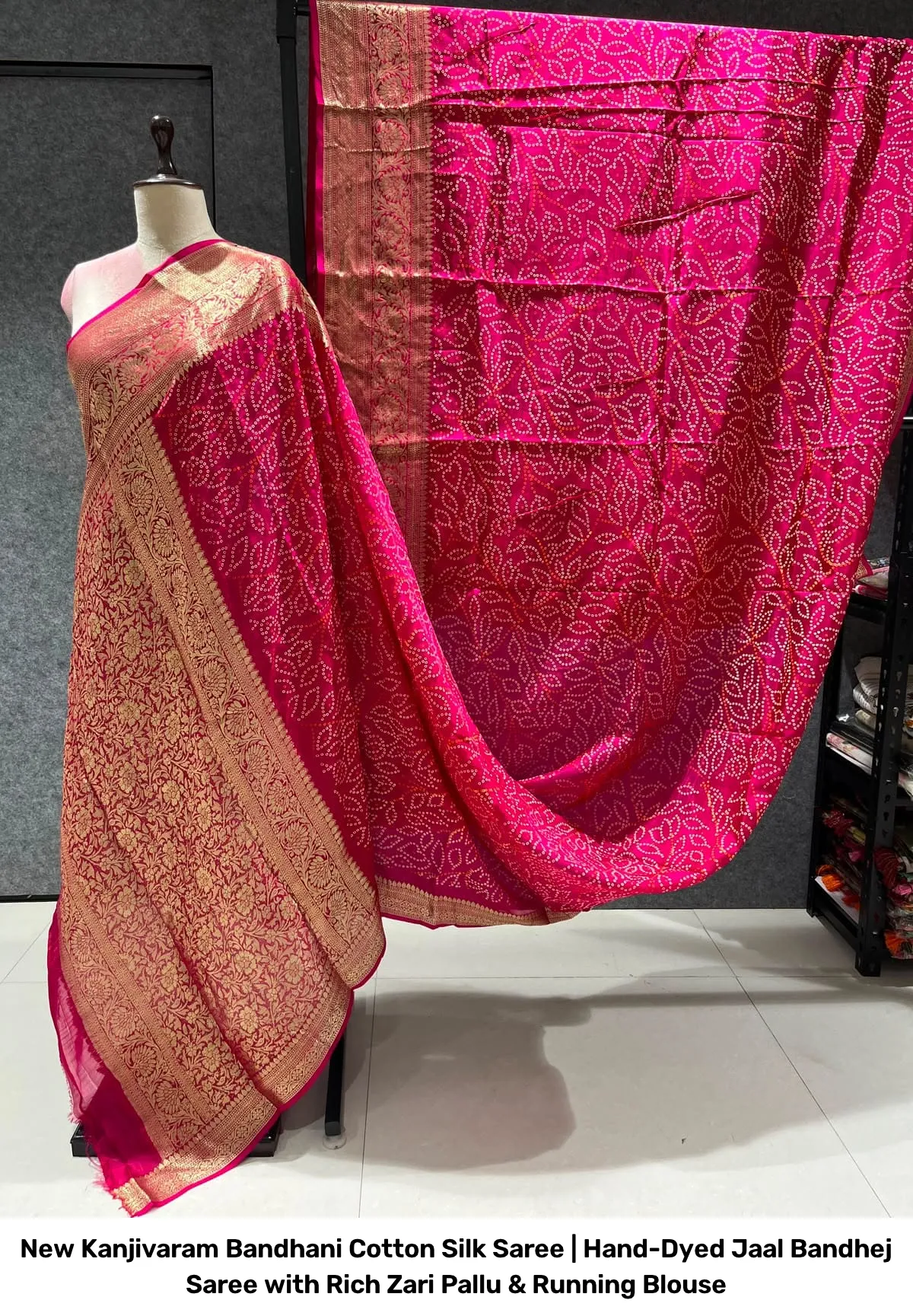New Kanjivaram Bandhani Cotton Silk Saree | Hand-Dyed Jaal Bandhej Saree with Rich Zari Pallu & Running Blouse 6