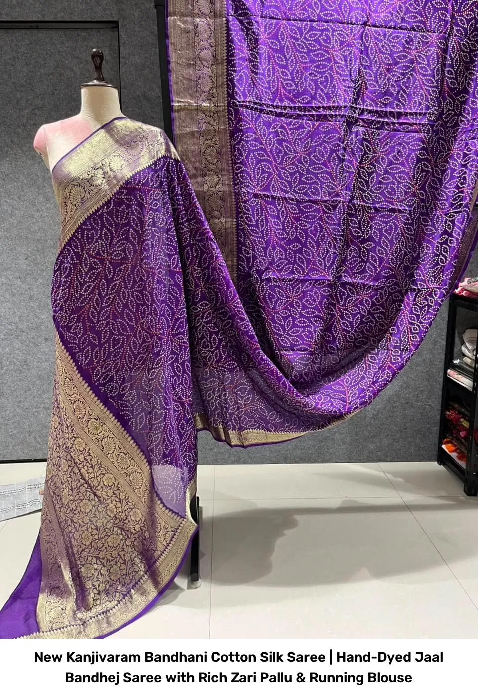 New Kanjivaram Bandhani Cotton Silk Saree | Hand-Dyed Jaal Bandhej Saree with Rich Zari Pallu & Running Blouse 7
