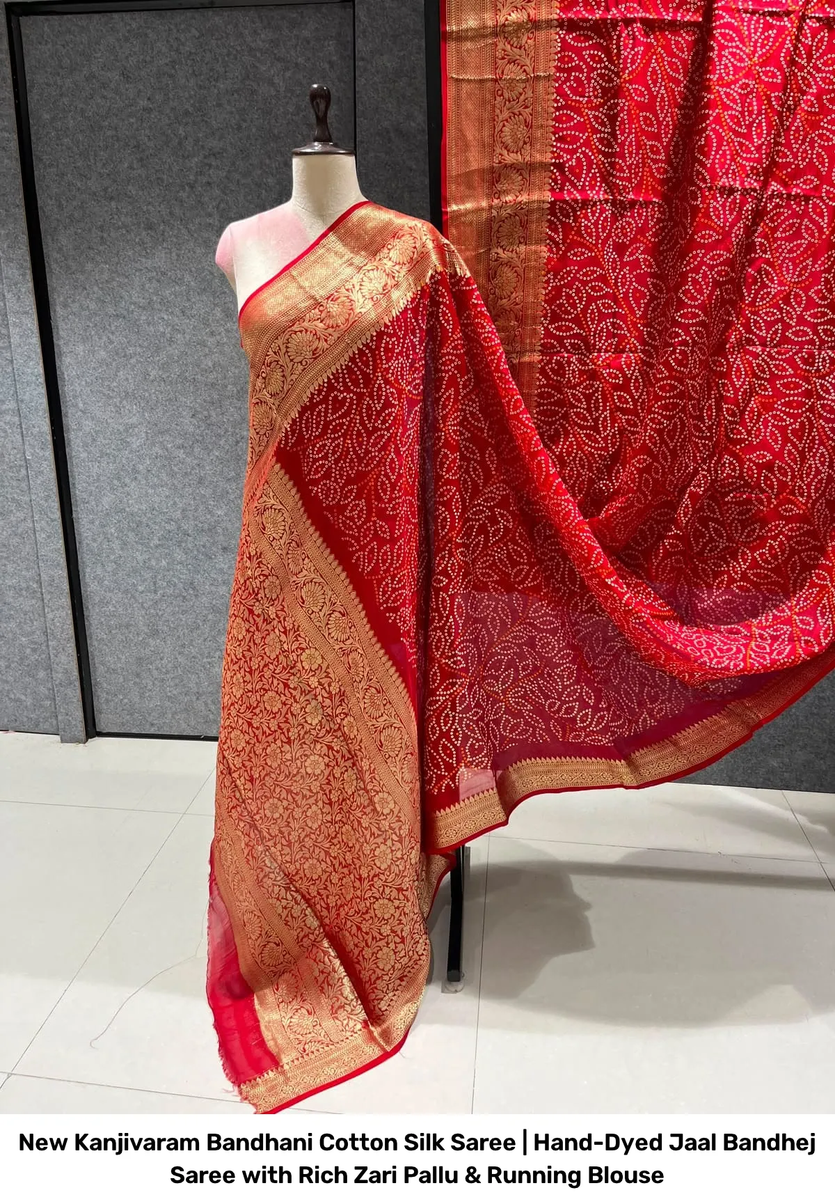 New Kanjivaram Bandhani Cotton Silk Saree | Hand-Dyed Jaal Bandhej Saree with Rich Zari Pallu & Running Blouse 8