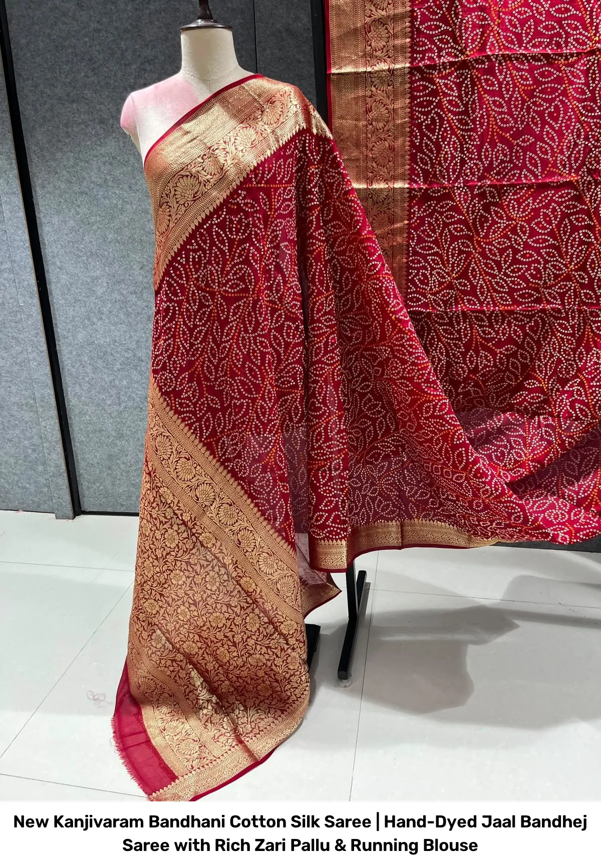 New Kanjivaram Bandhani Cotton Silk Saree | Hand-Dyed Jaal Bandhej Saree with Rich Zari Pallu & Running Blouse 9