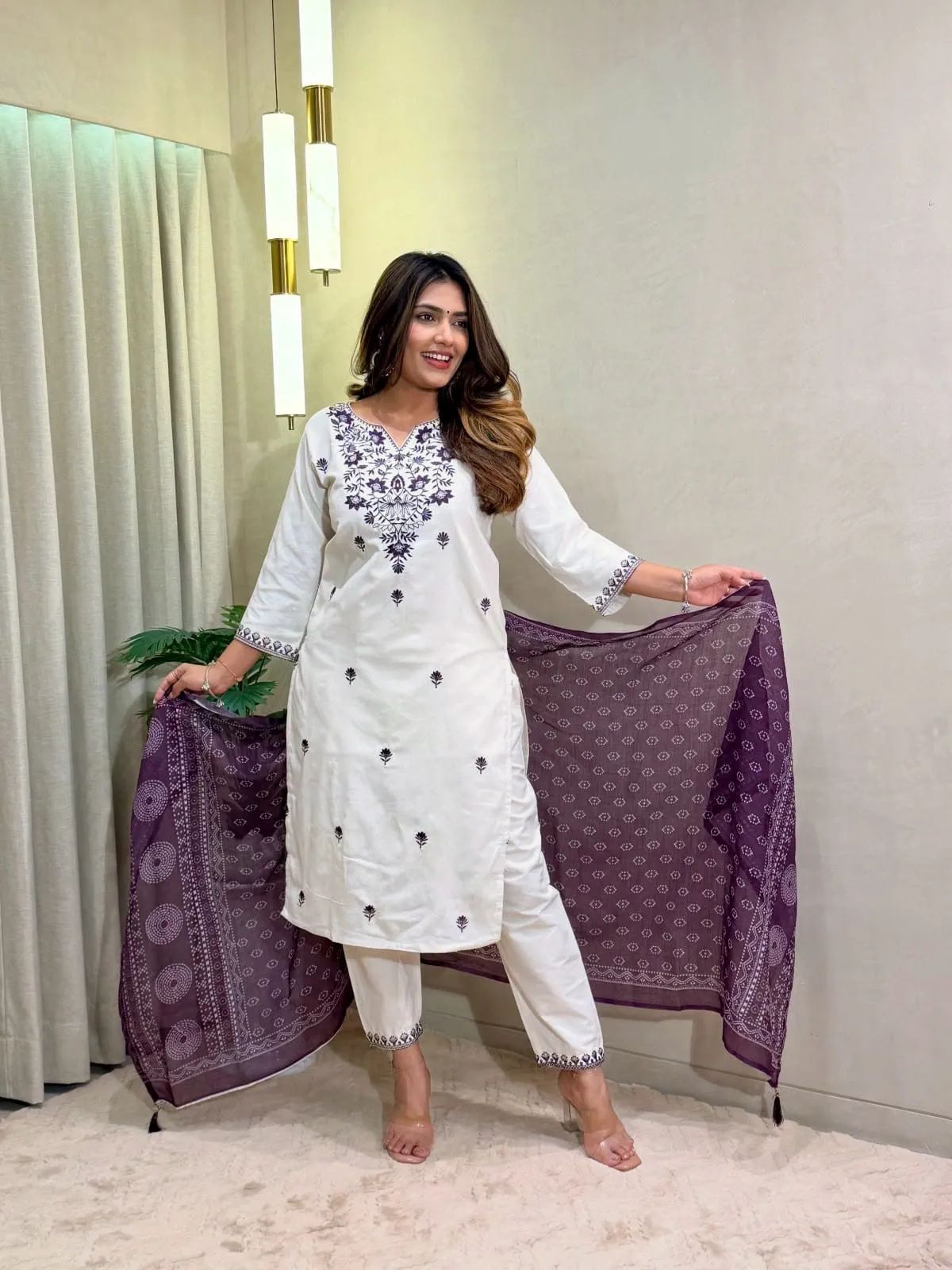 Off-White Khadi Cotton Embroidered Kurti Pant Set with Cotton Linen Bandhani Print Dupatta | Festive 3-Piece Suit Set (S to 3XL)