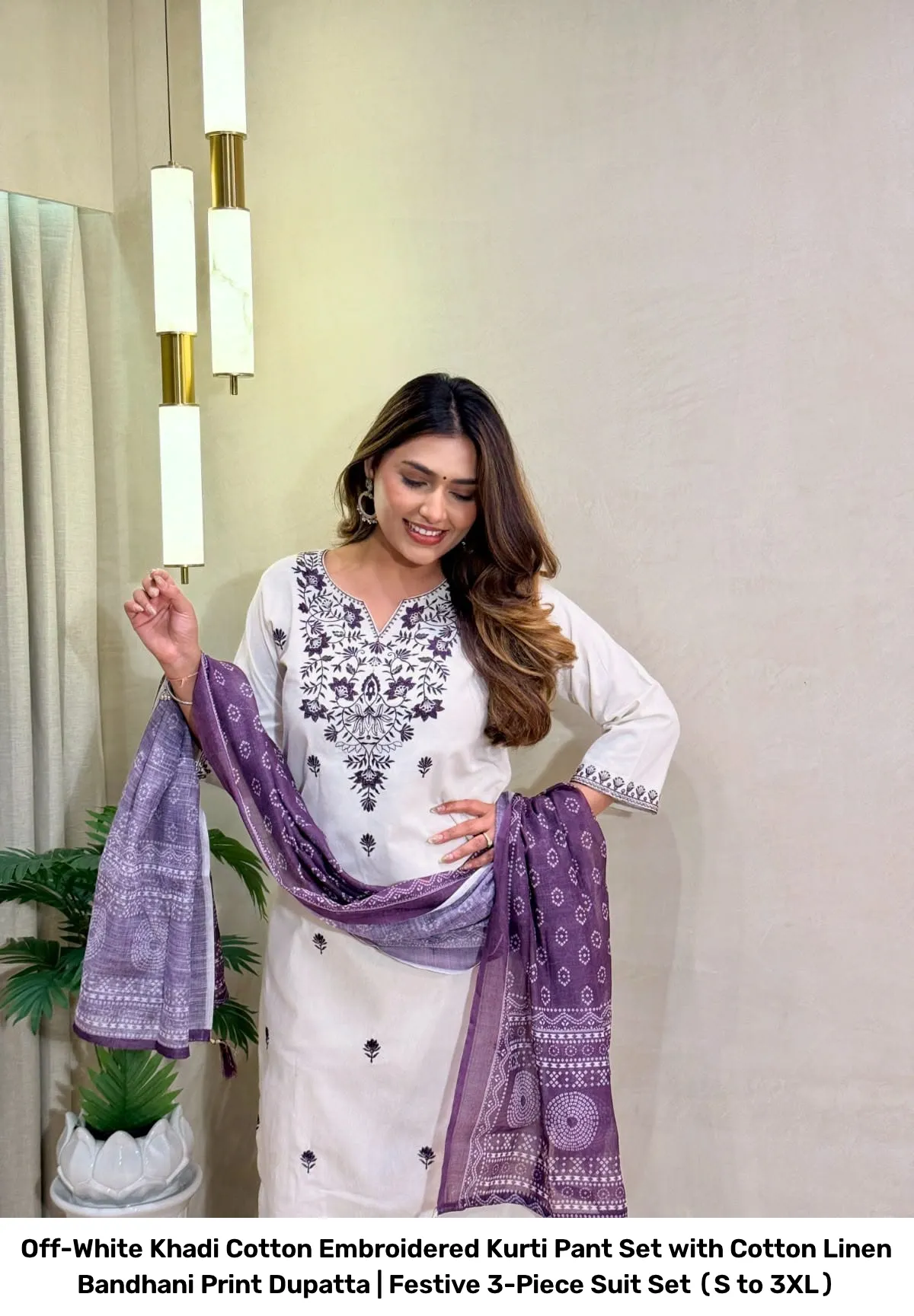 Off-White Khadi Cotton Embroidered Kurti Pant Set with Cotton Linen Bandhani Print Dupatta | Festive 3-Piece Suit Set (S to 3XL) 10