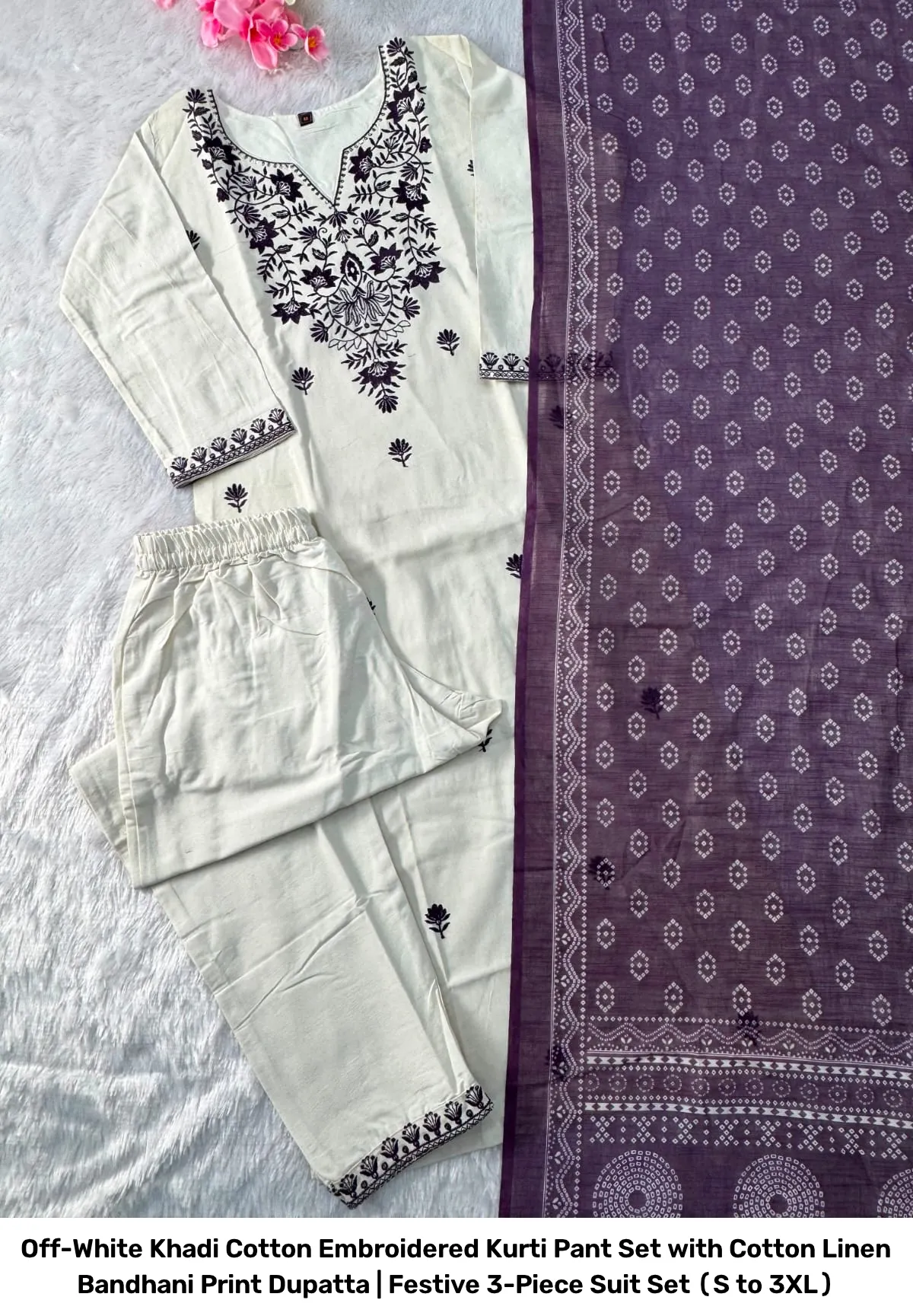 Off-White Khadi Cotton Embroidered Kurti Pant Set with Cotton Linen Bandhani Print Dupatta | Festive 3-Piece Suit Set (S to 3XL) 11