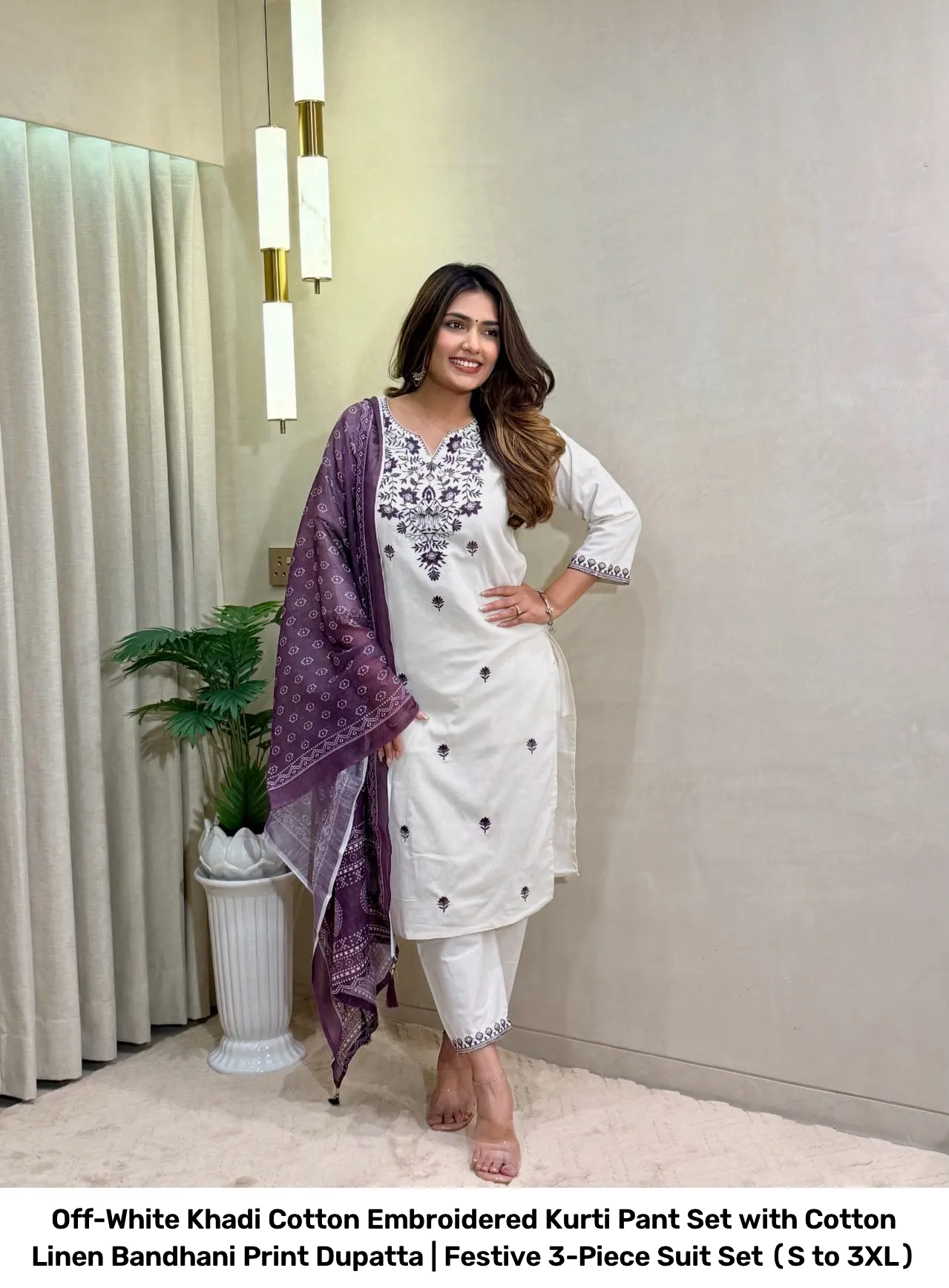 Off-White Khadi Cotton Embroidered Kurti Pant Set with Cotton Linen Bandhani Print Dupatta | Festive 3-Piece Suit Set (S to 3XL) 3