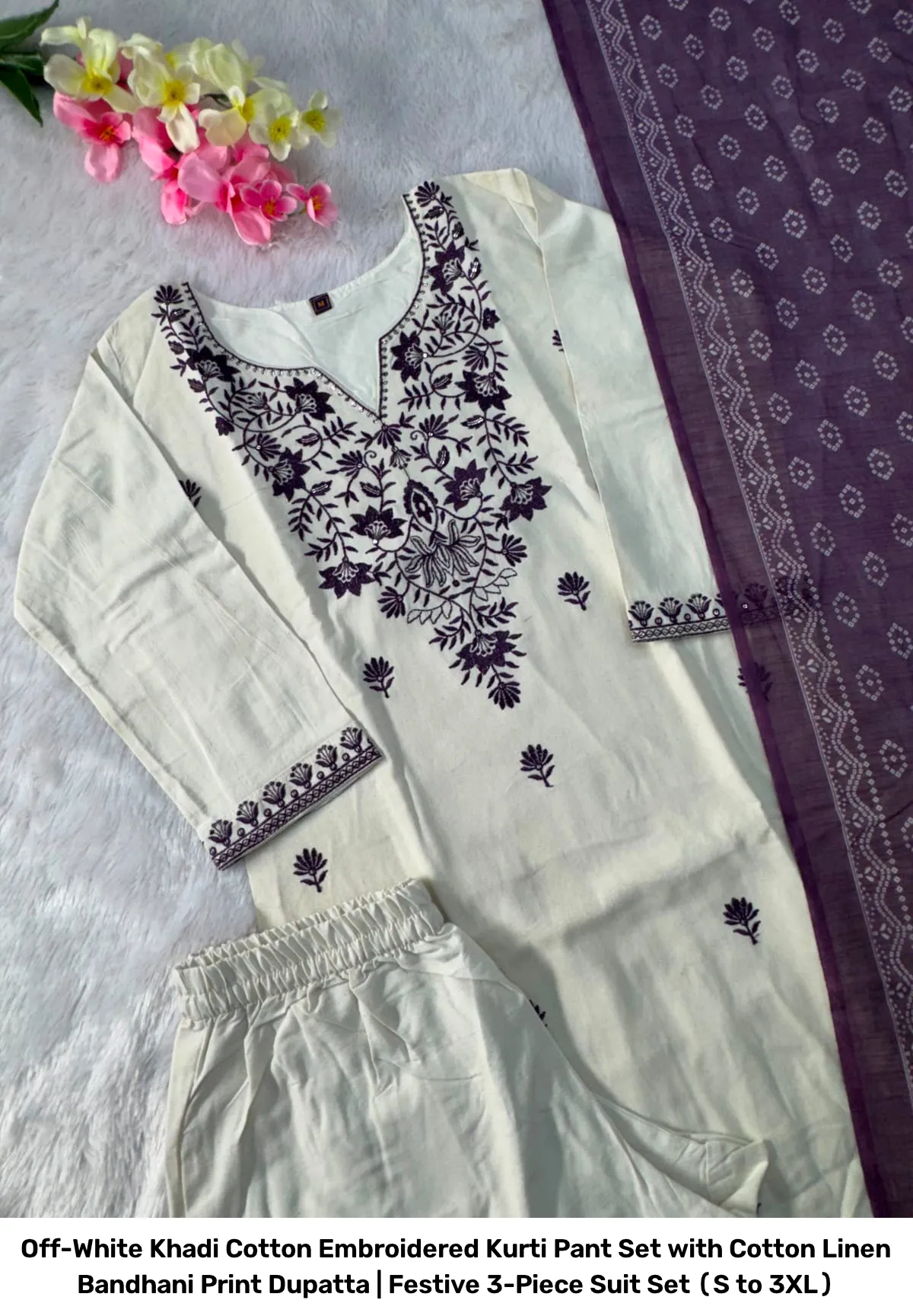 Off-White Khadi Cotton Embroidered Kurti Pant Set with Cotton Linen Bandhani Print Dupatta | Festive 3-Piece Suit Set (S to 3XL) 4