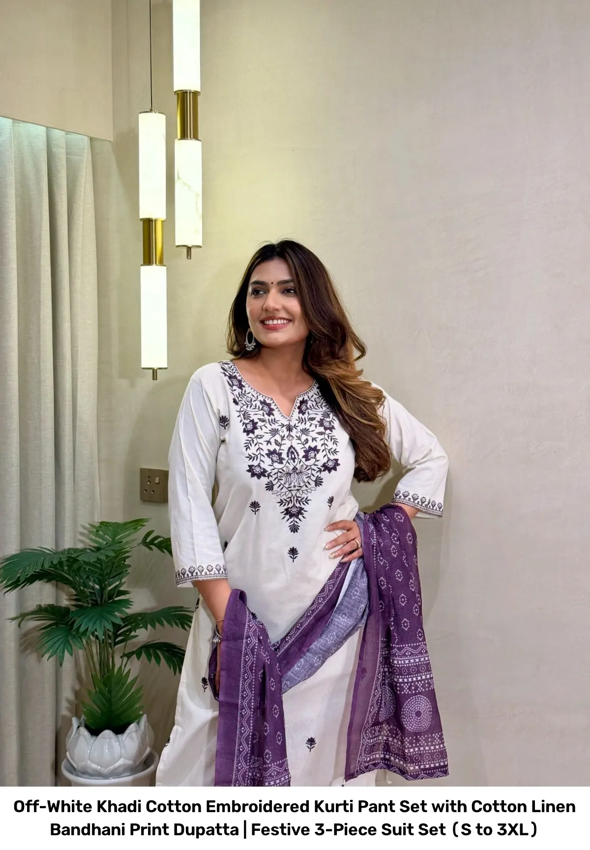 Off-White Khadi Cotton Embroidered Kurti Pant Set with Cotton Linen Bandhani Print Dupatta | Festive 3-Piece Suit Set (S to 3XL) 5
