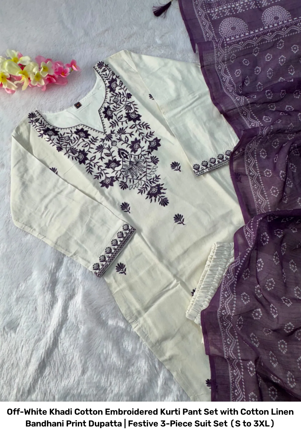 Off-White Khadi Cotton Embroidered Kurti Pant Set with Cotton Linen Bandhani Print Dupatta | Festive 3-Piece Suit Set (S to 3XL) 6