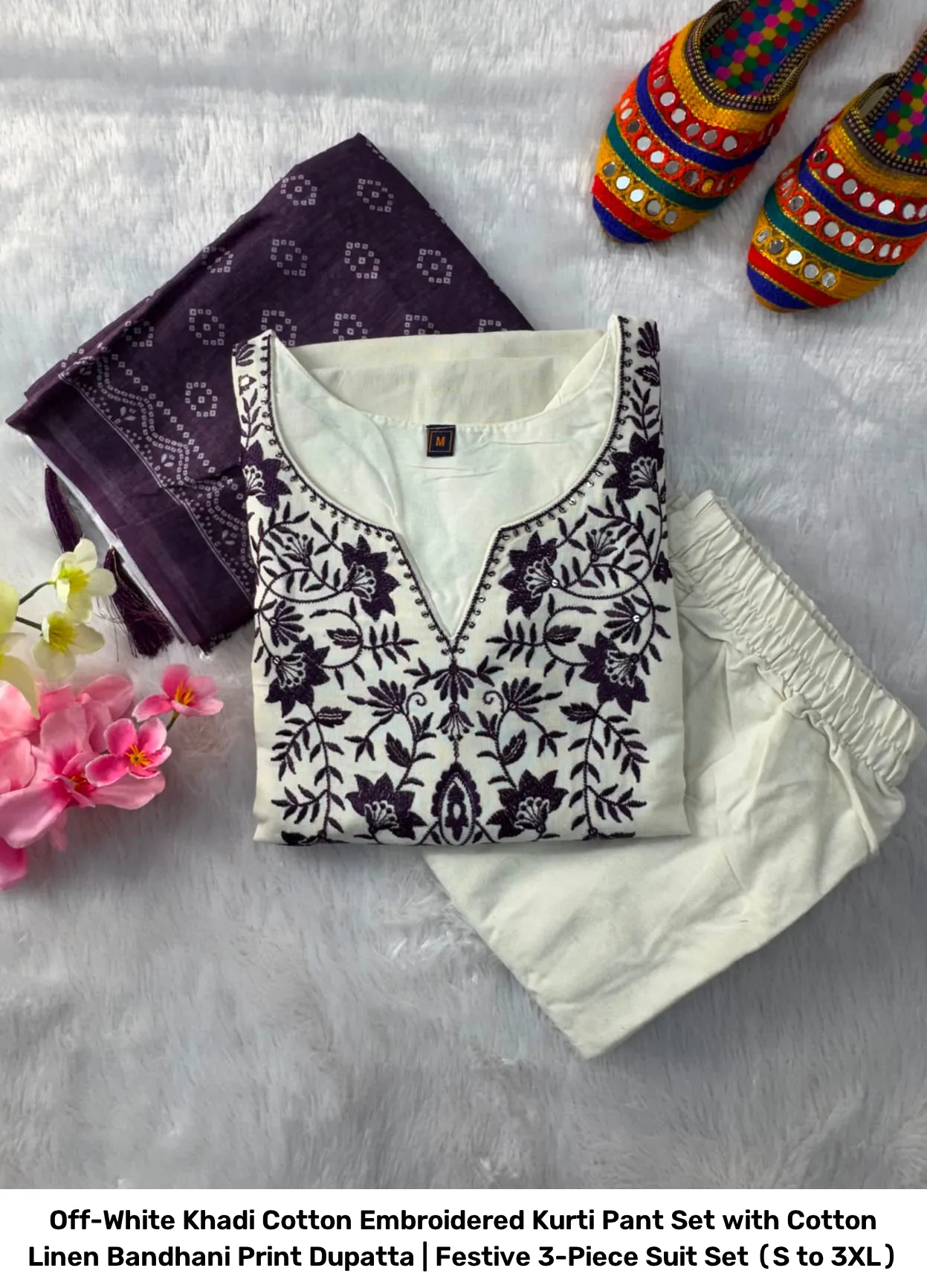 Off-White Khadi Cotton Embroidered Kurti Pant Set with Cotton Linen Bandhani Print Dupatta | Festive 3-Piece Suit Set (S to 3XL) 8