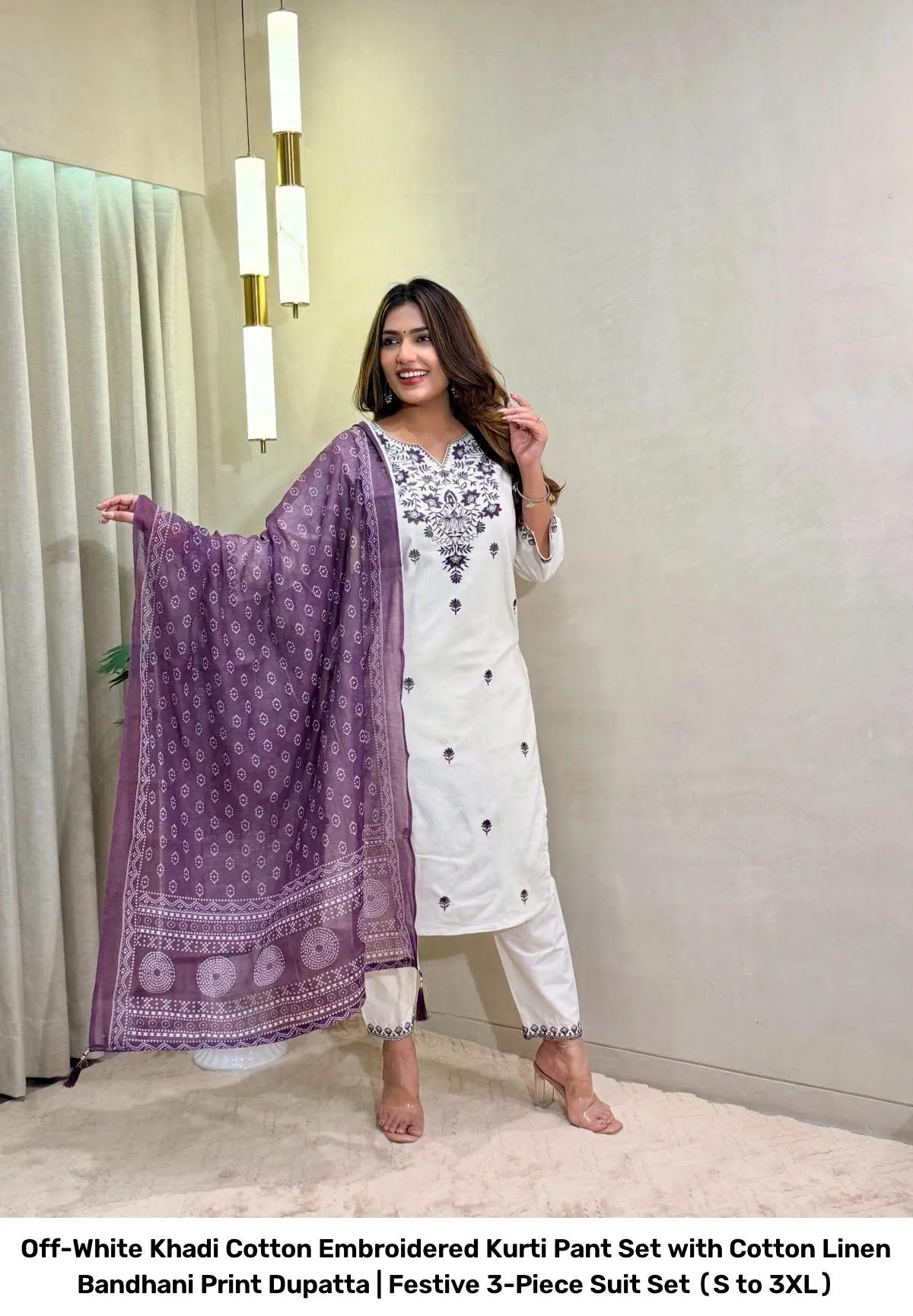 Off-White Khadi Cotton Embroidered Kurti Pant Set with Cotton Linen Bandhani Print Dupatta | Festive 3-Piece Suit Set (S to 3XL) 9