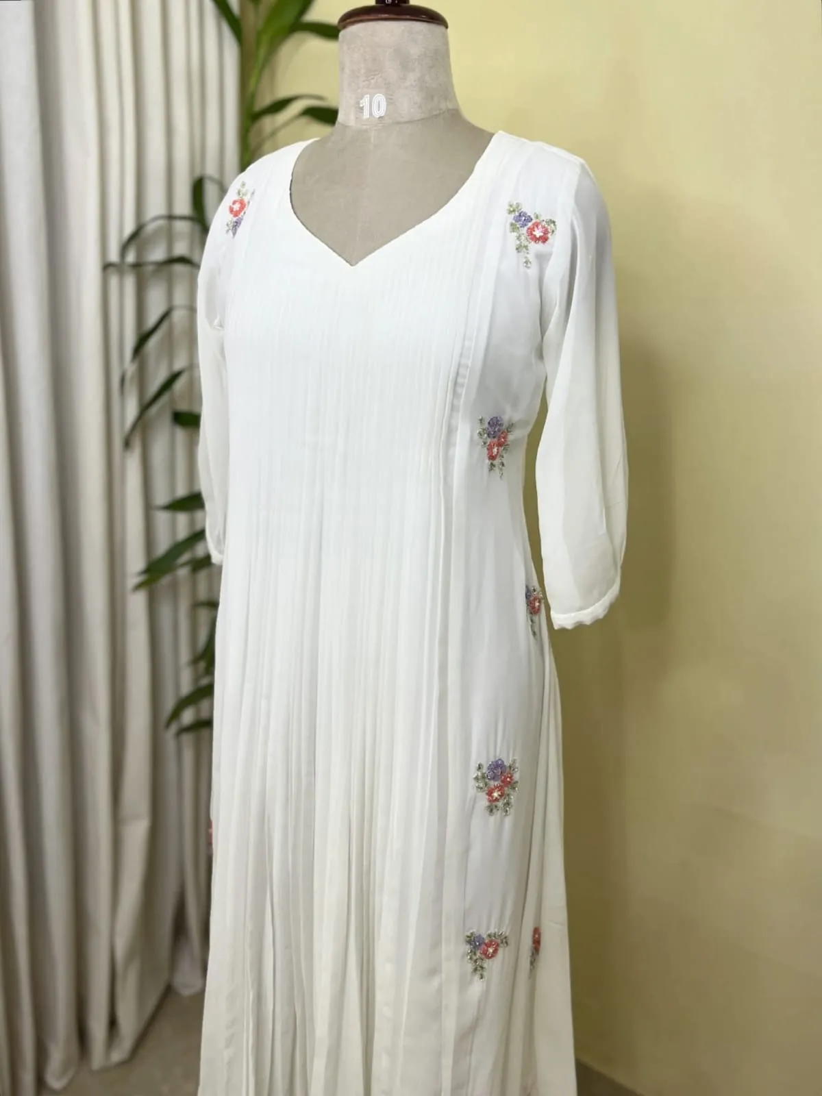 Off-White Pleated Long Dress | Elegant Floral Embroidered Maxi Gown