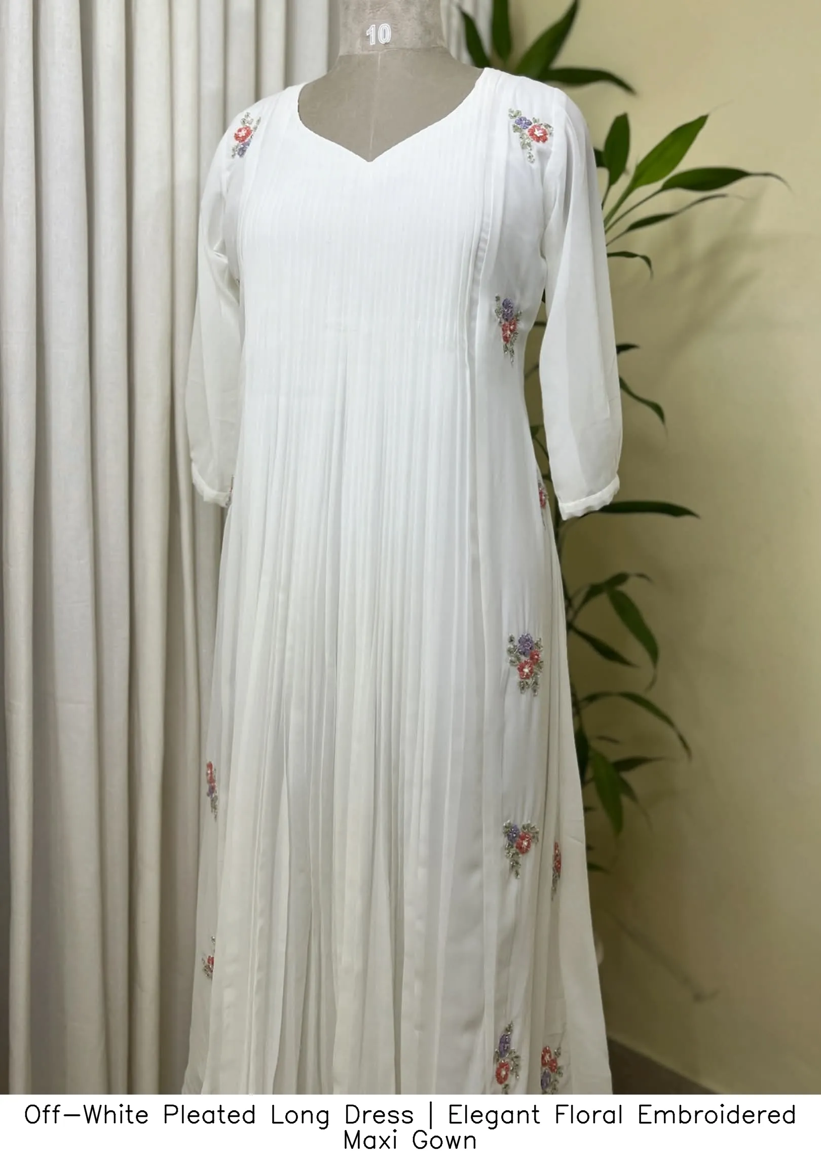 Off-White Pleated Long Dress | Elegant Floral Embroidered Maxi Gown 2