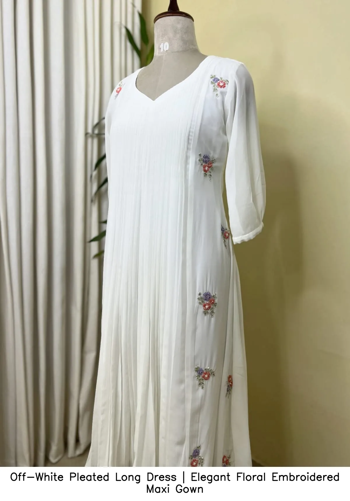 Off-White Pleated Long Dress | Elegant Floral Embroidered Maxi Gown 3